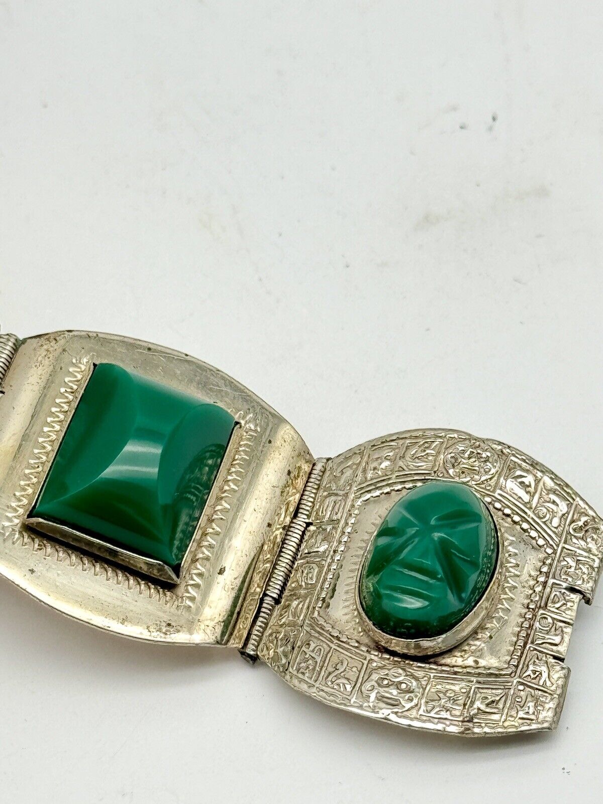 Vintage Taxco 925 Sterling 6 Link Mask Panel Bracelet Green Stone