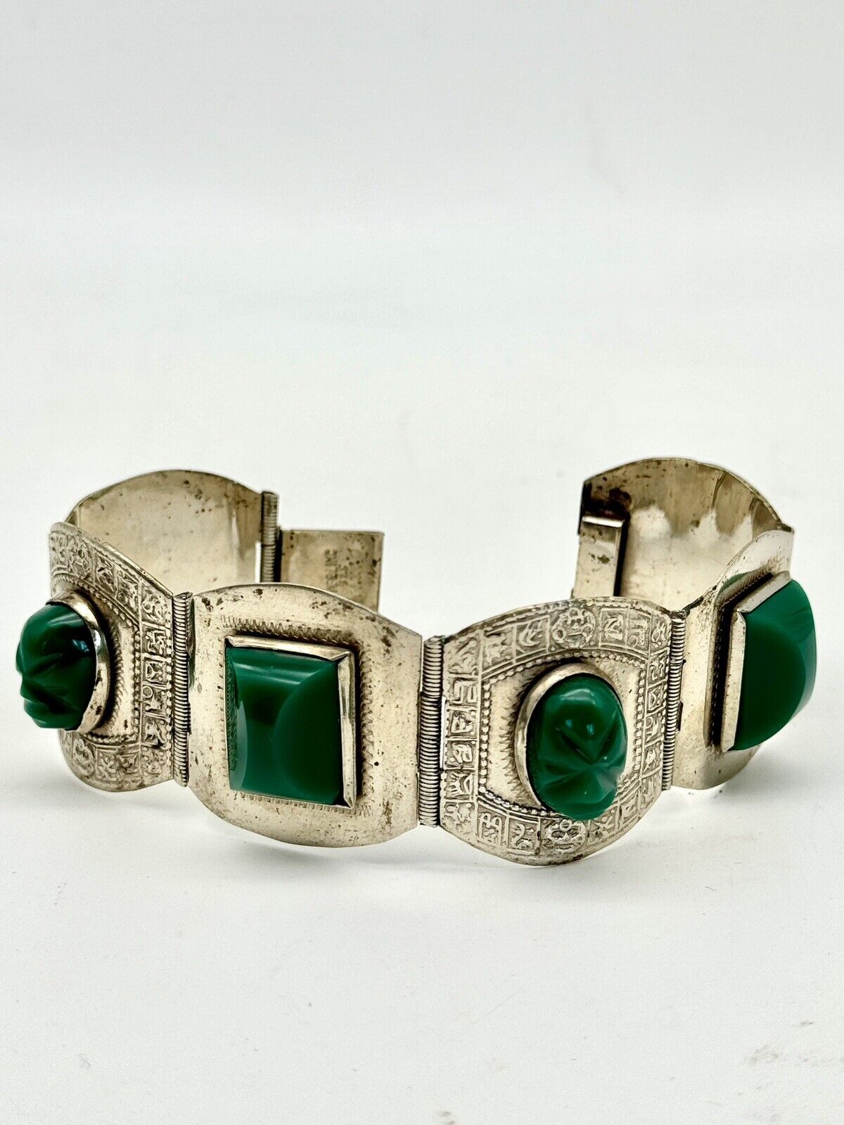 Vintage Taxco 925 Sterling 6 Link Mask Panel Bracelet Green Stone