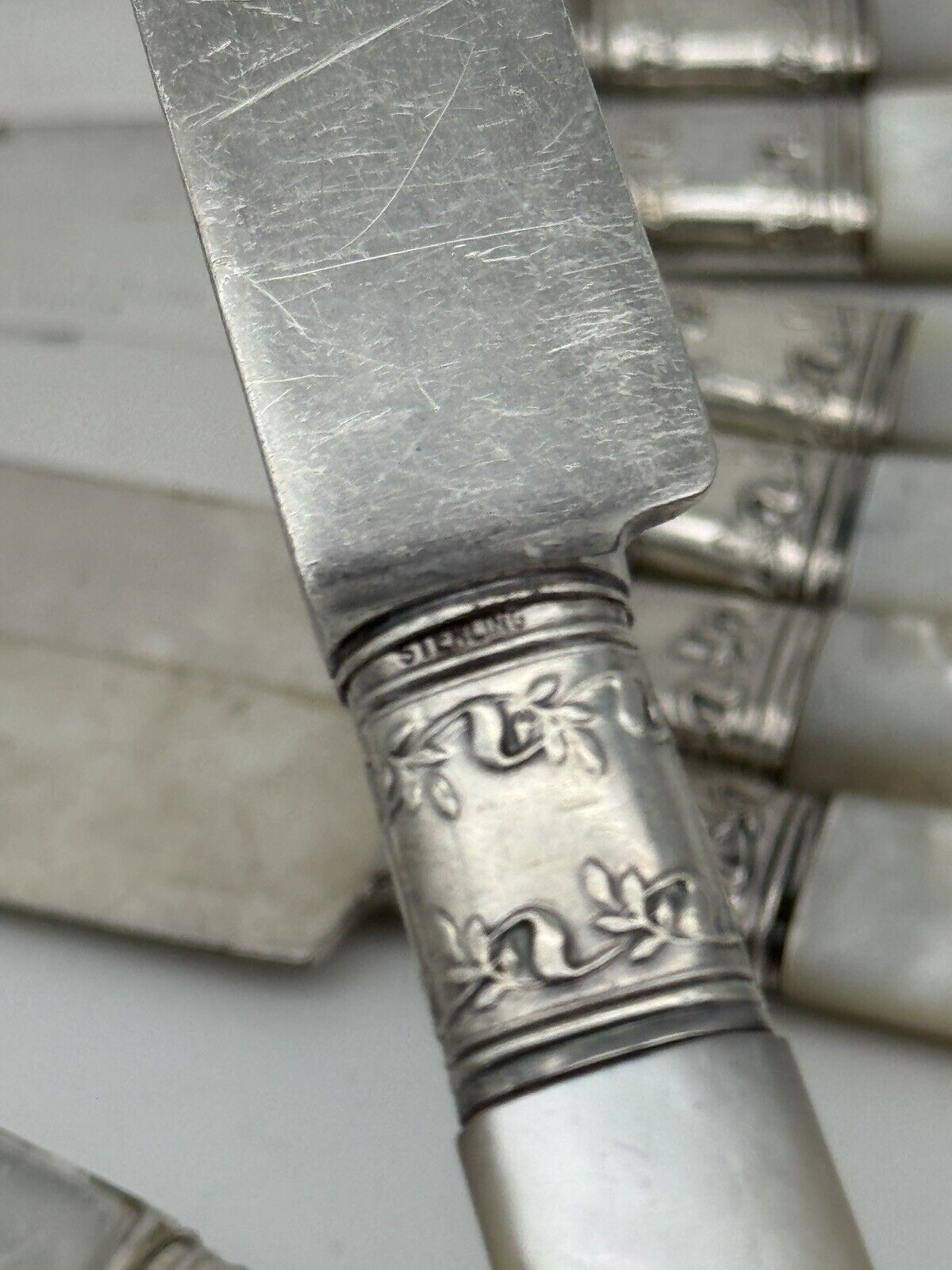 12 Antique Mother Of Pearl 8.5” Dinner Knives Sterling Ferule Landers Fray & Cla