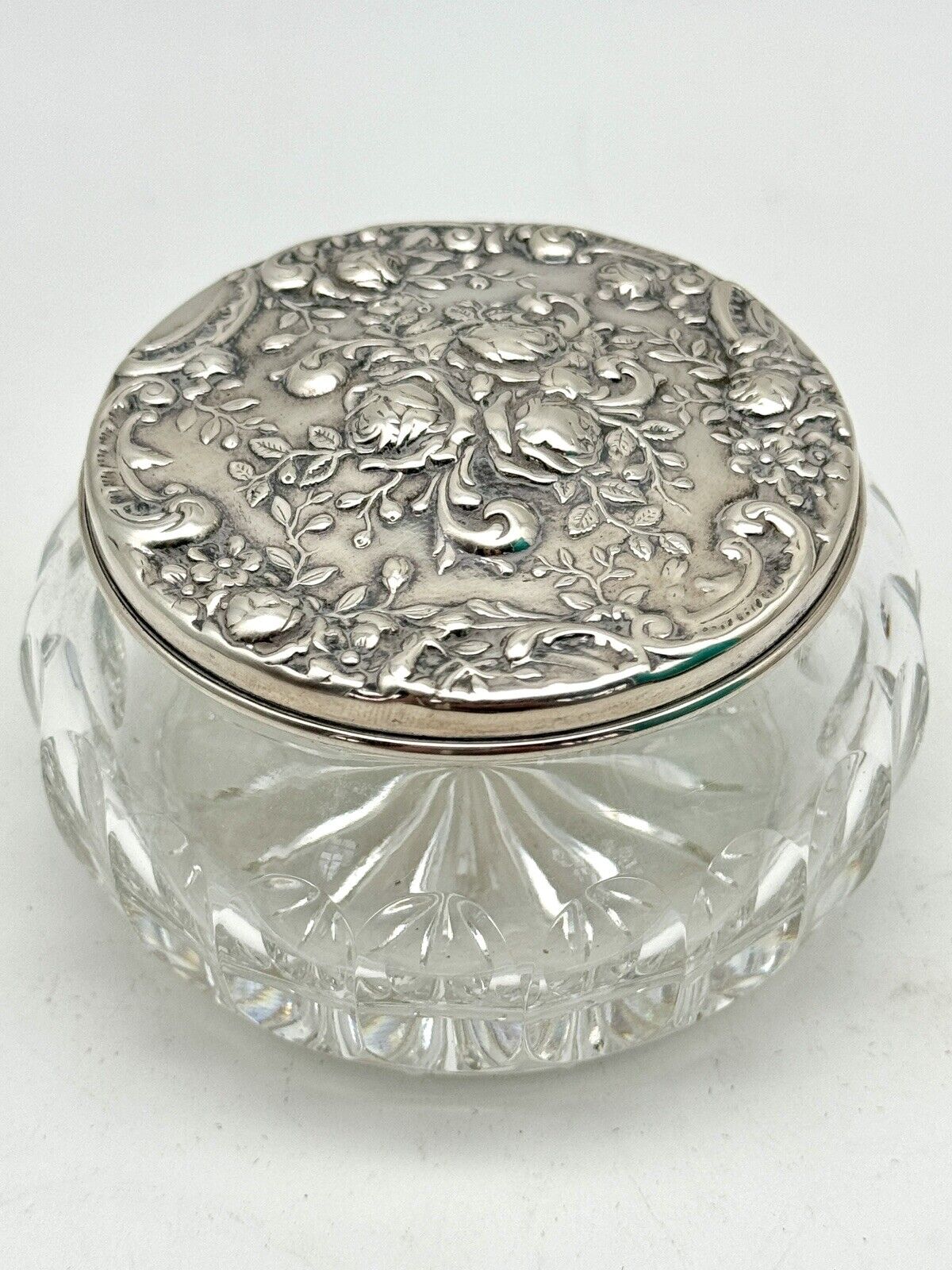 Vintage Powder Jar GORHAM West Germany Cut Crystal Silver Plate Lid W/Rose Repousse