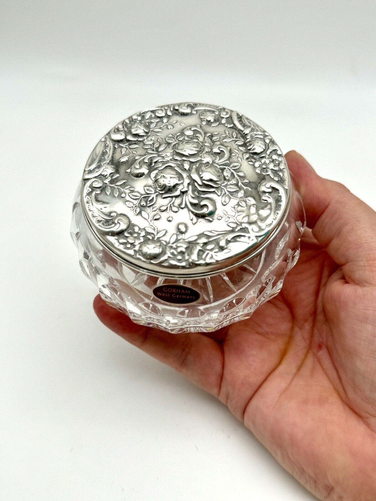 Vintage Powder Jar GORHAM West Germany Cut Crystal Silver Plate Lid W/Rose Repousse