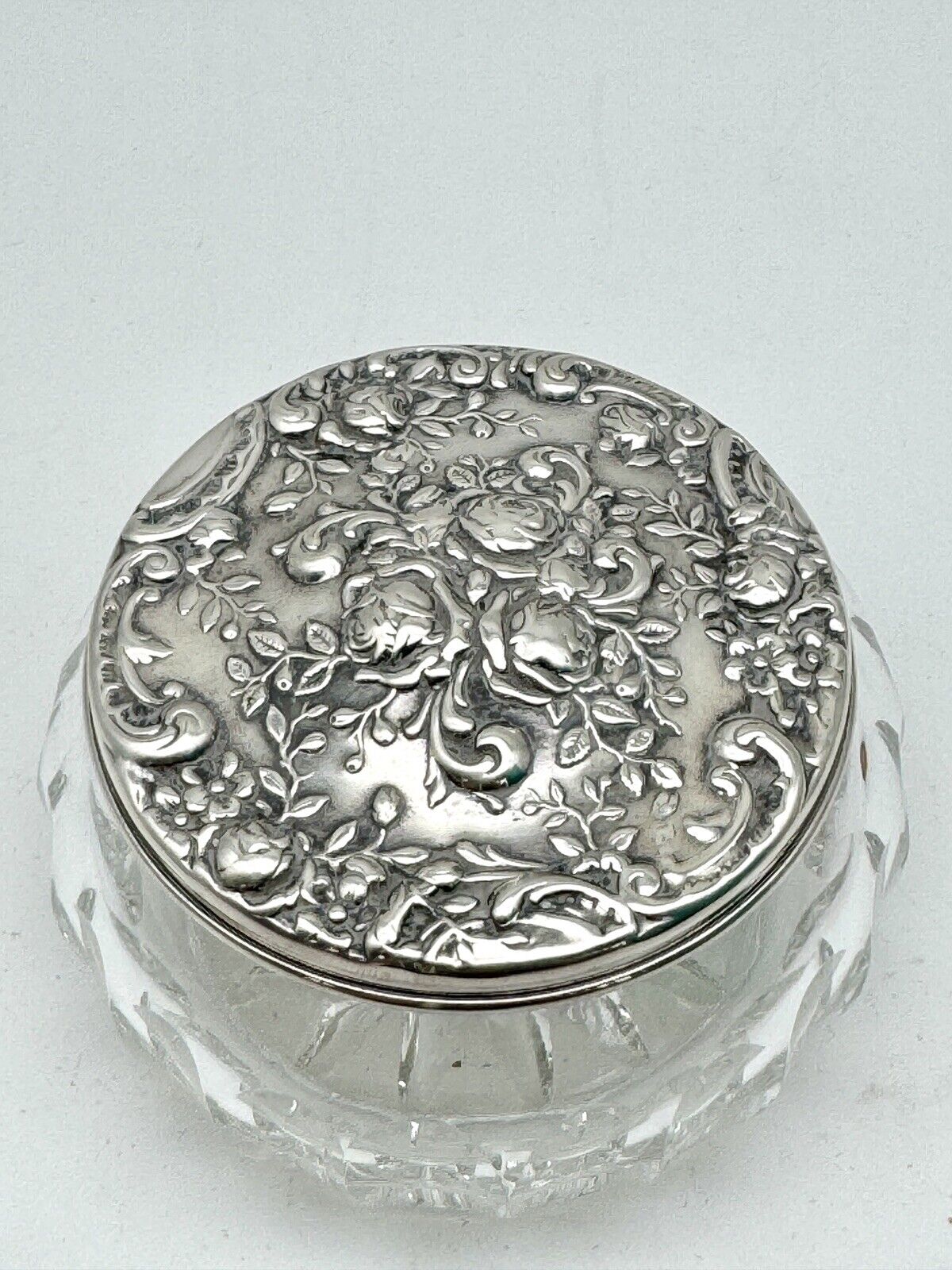 Vintage Powder Jar GORHAM West Germany Cut Crystal Silver Plate Lid W/Rose Repousse