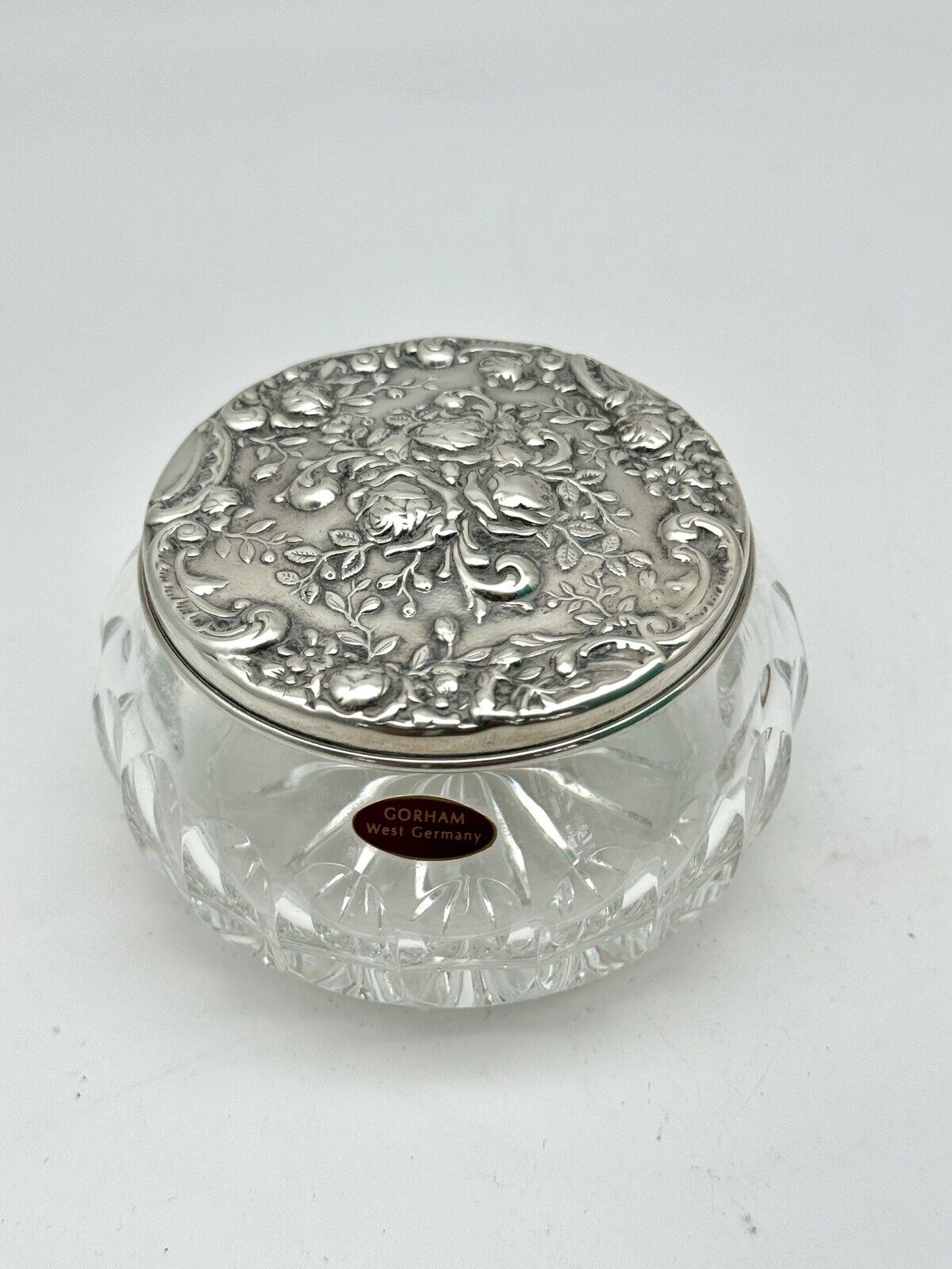 Vintage Powder Jar GORHAM West Germany Cut Crystal Silver Plate Lid W/Rose Repousse