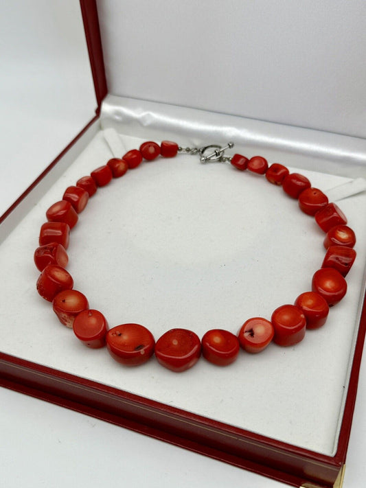 Vintage ATI Red Dyed Bamboo Coral Sterling Silver 18" Chunky Toggle Necklace