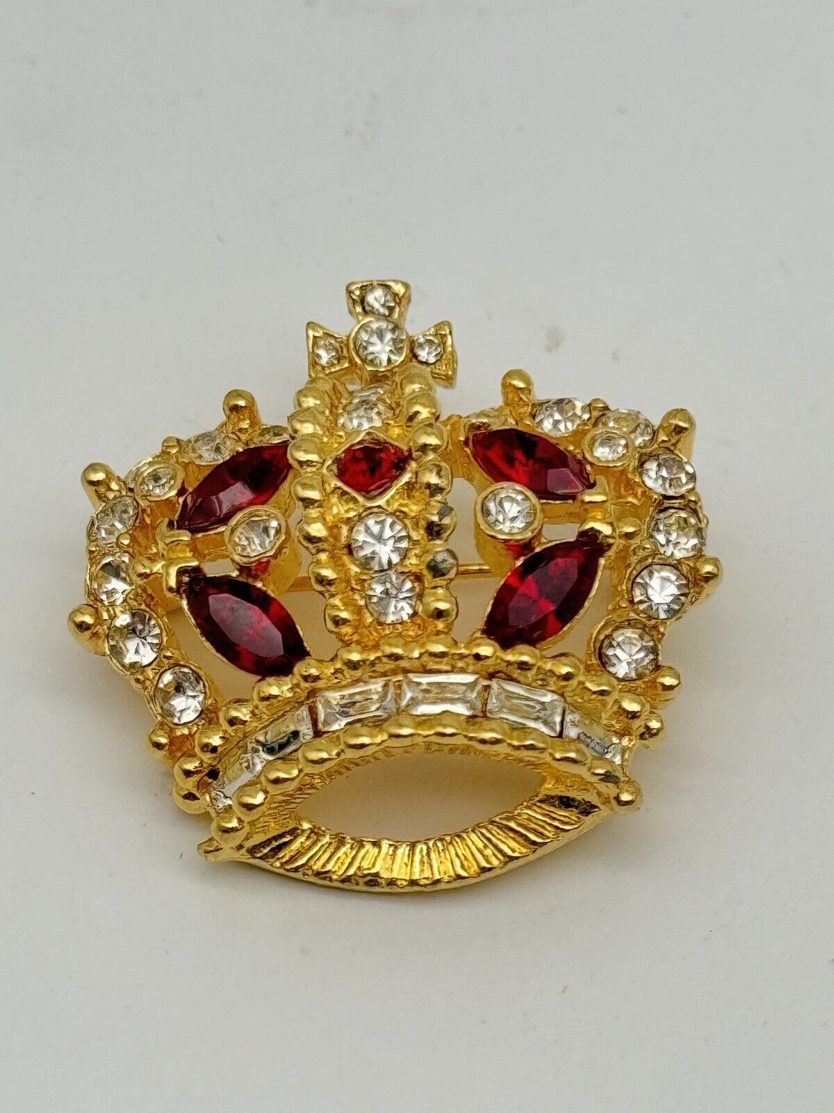 SIGNED Bellini Vintage Crown Ruby Red  & Clear Rhinestone Brooch