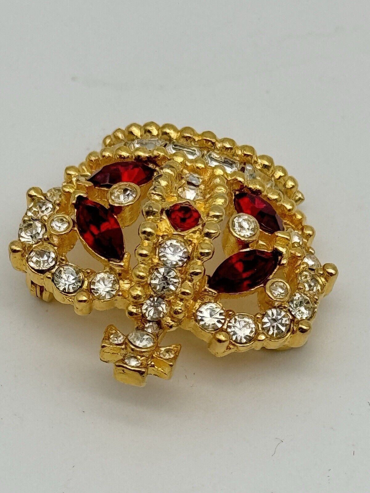 SIGNED Bellini Vintage Crown Ruby Red  & Clear Rhinestone Brooch