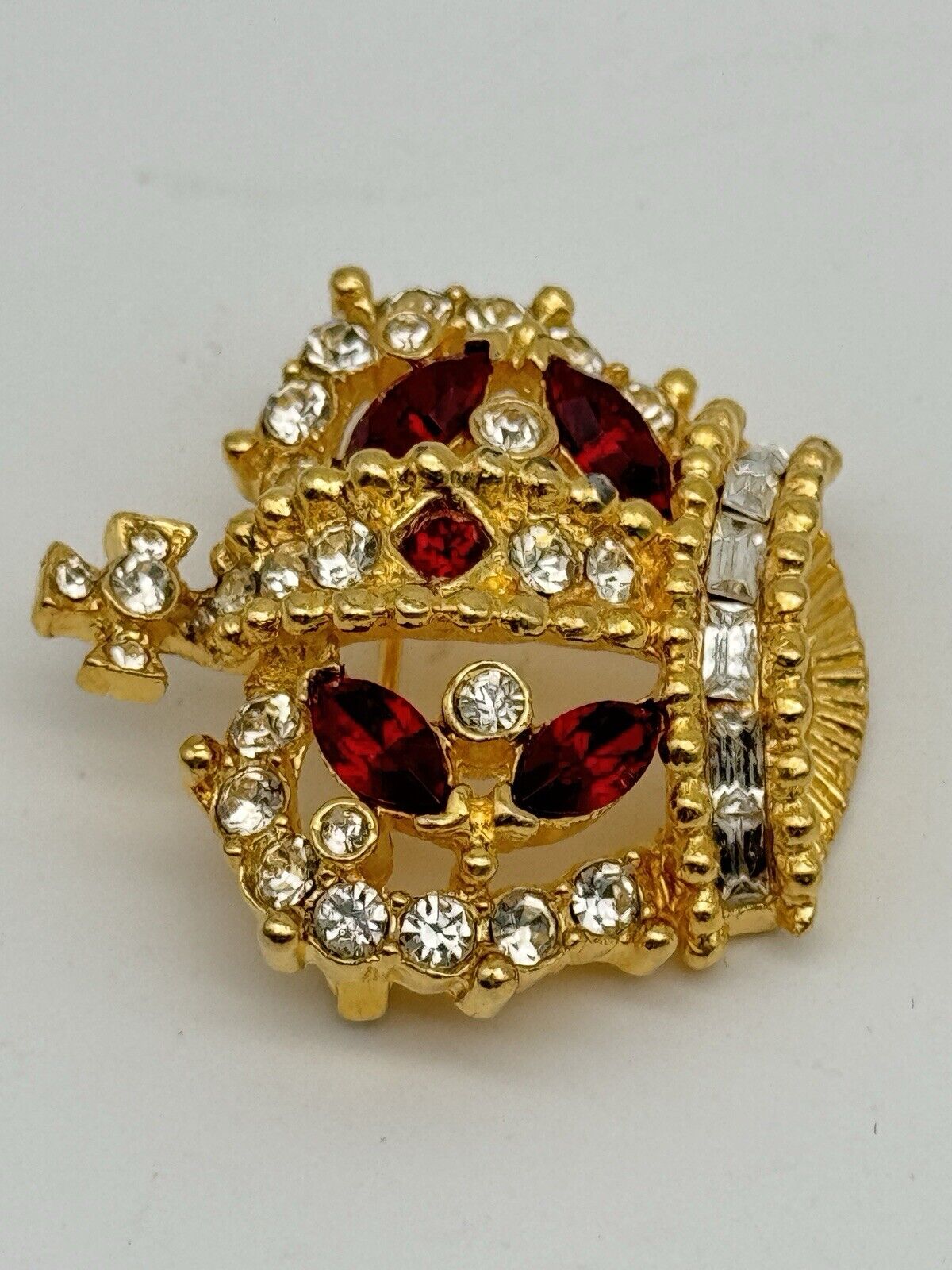 SIGNED Bellini Vintage Crown Ruby Red  & Clear Rhinestone Brooch