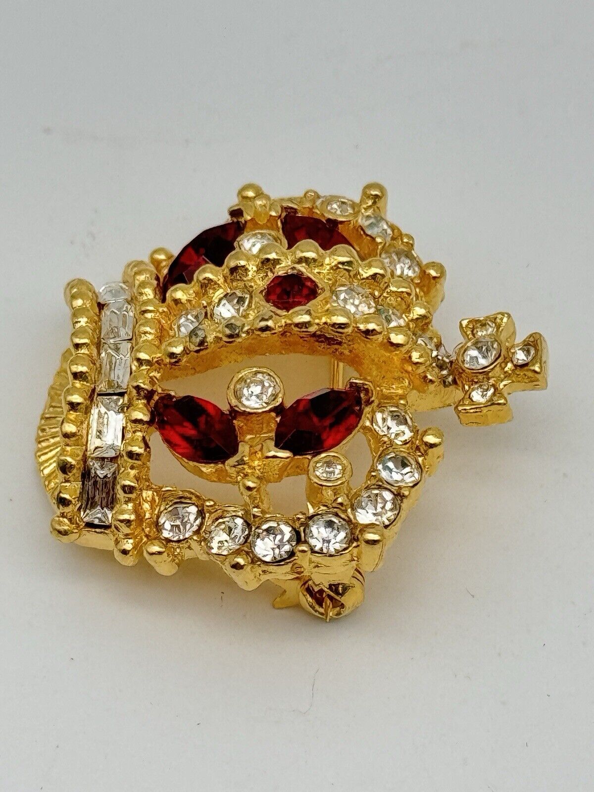 SIGNED Bellini Vintage Crown Ruby Red  & Clear Rhinestone Brooch