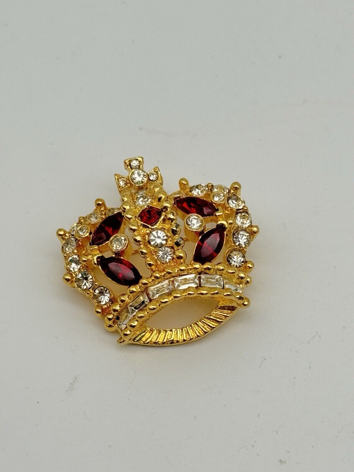 SIGNED Bellini Vintage Crown Ruby Red  & Clear Rhinestone Brooch