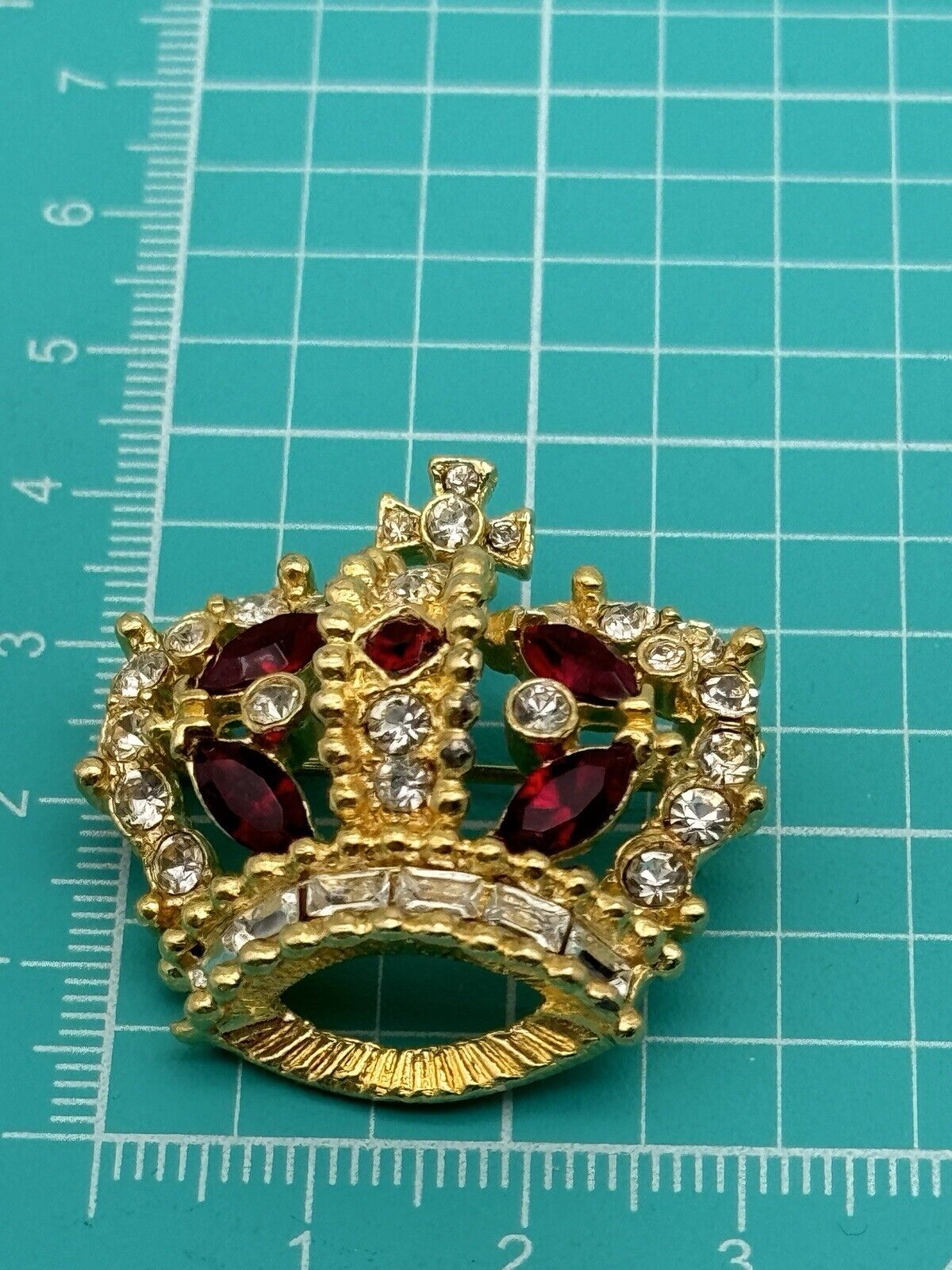 SIGNED Bellini Vintage Crown Ruby Red  & Clear Rhinestone Brooch