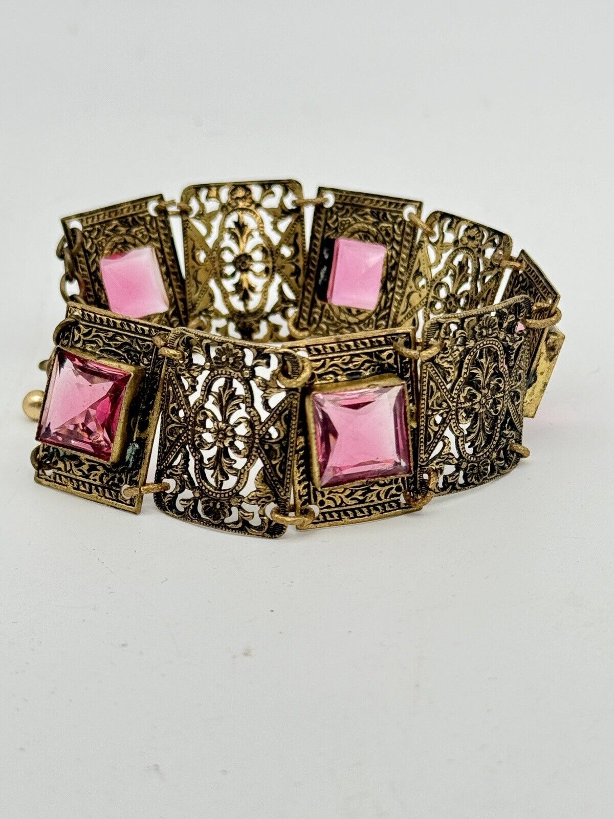 Antique Czech Pink Glass Stone Filigree Panel Bracelet SIGNED Made In Czech