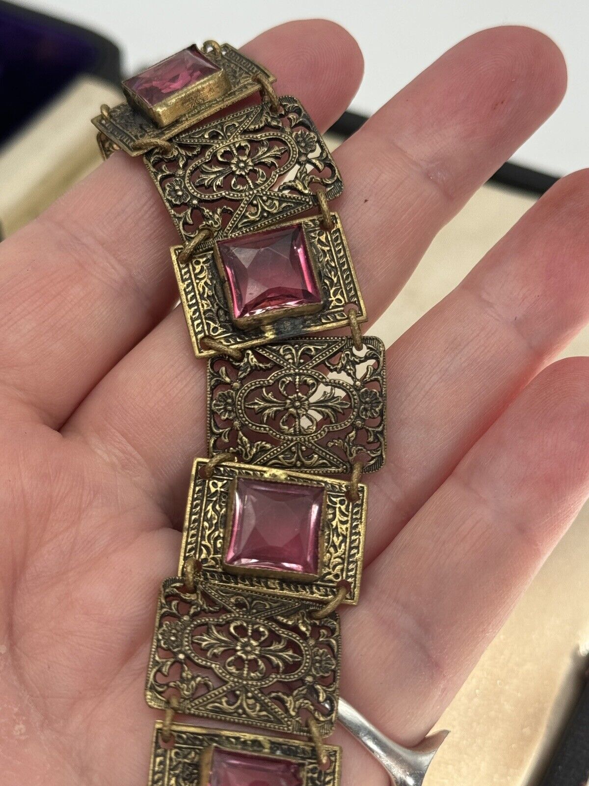 Antique Czech Pink Glass Stone Filigree Panel Bracelet SIGNED Made In Czech