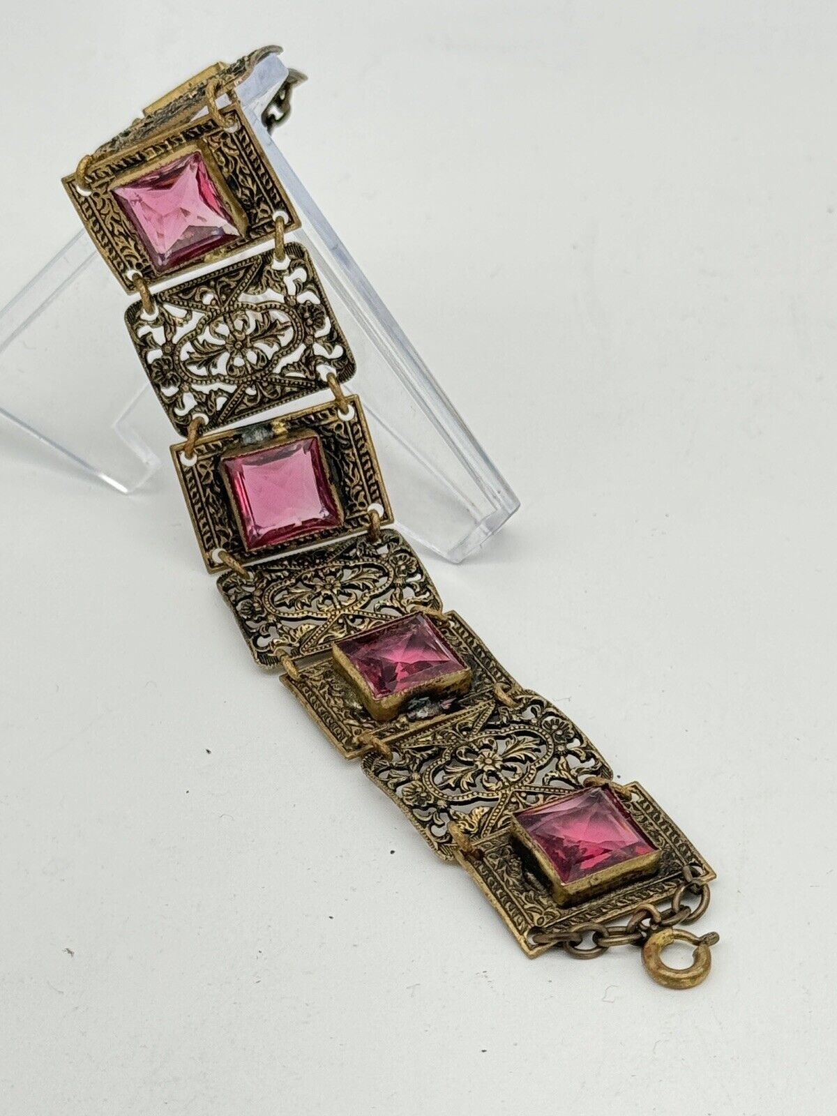 Antique Czech Pink Glass Stone Filigree Panel Bracelet SIGNED Made In Czech