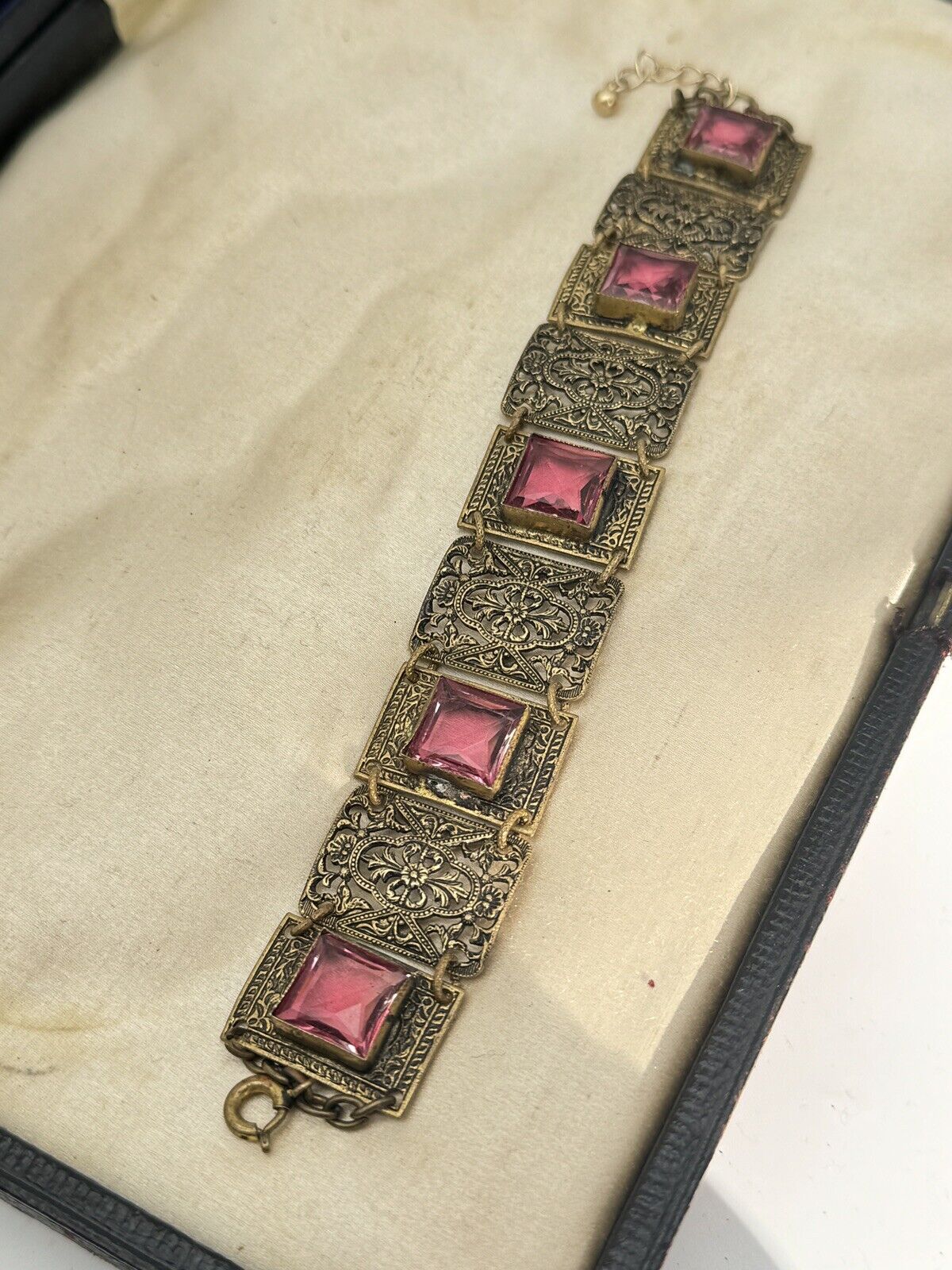 Antique Czech Pink Glass Stone Filigree Panel Bracelet SIGNED Made In Czech