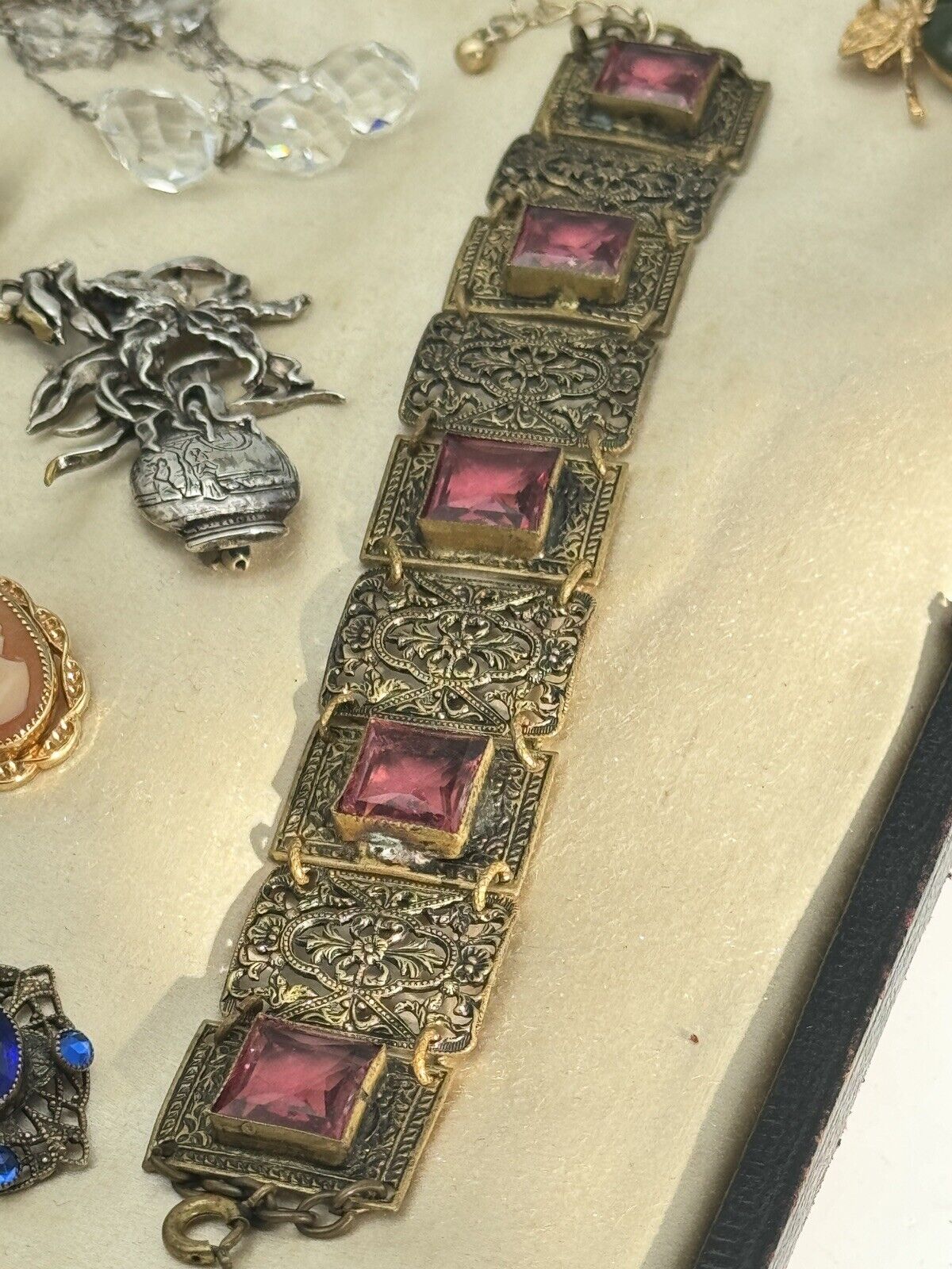 Antique Czech Pink Glass Stone Filigree Panel Bracelet SIGNED Made In Czech