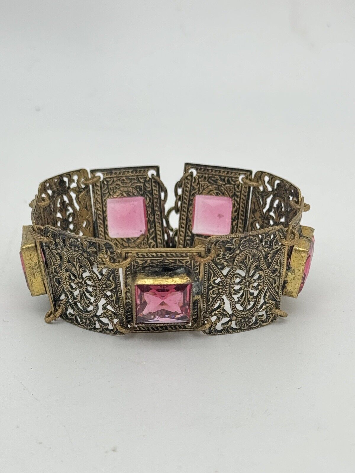 Antique Czech Pink Glass Stone Filigree Panel Bracelet SIGNED Made In Czech