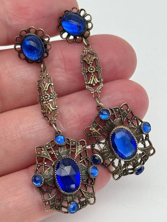 Vintage Czech Style Blue Glass Rhinestone Post Back Earrings VINTAGE