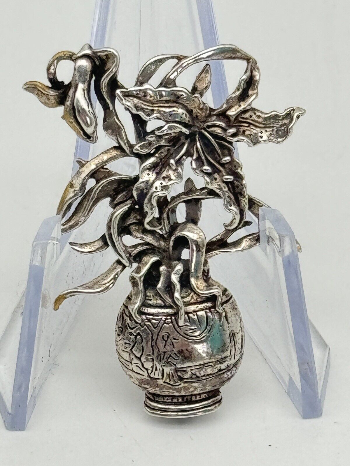 STERLING 925 Museum Of Fine Arts Lilies In Vase Brooch Asian Theme SIGNED MFA