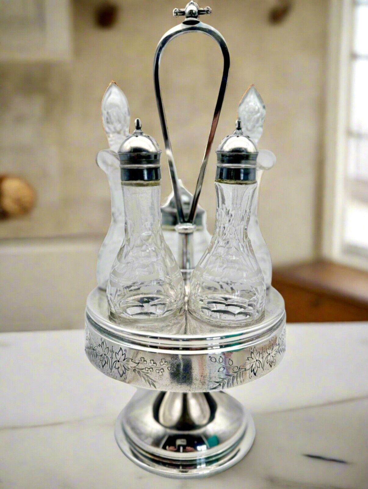 ANTIQUE VICTORIAN 5 Condiment Caddy Cruet Set Silver-plate GLASS BOTTLE ROGERS &