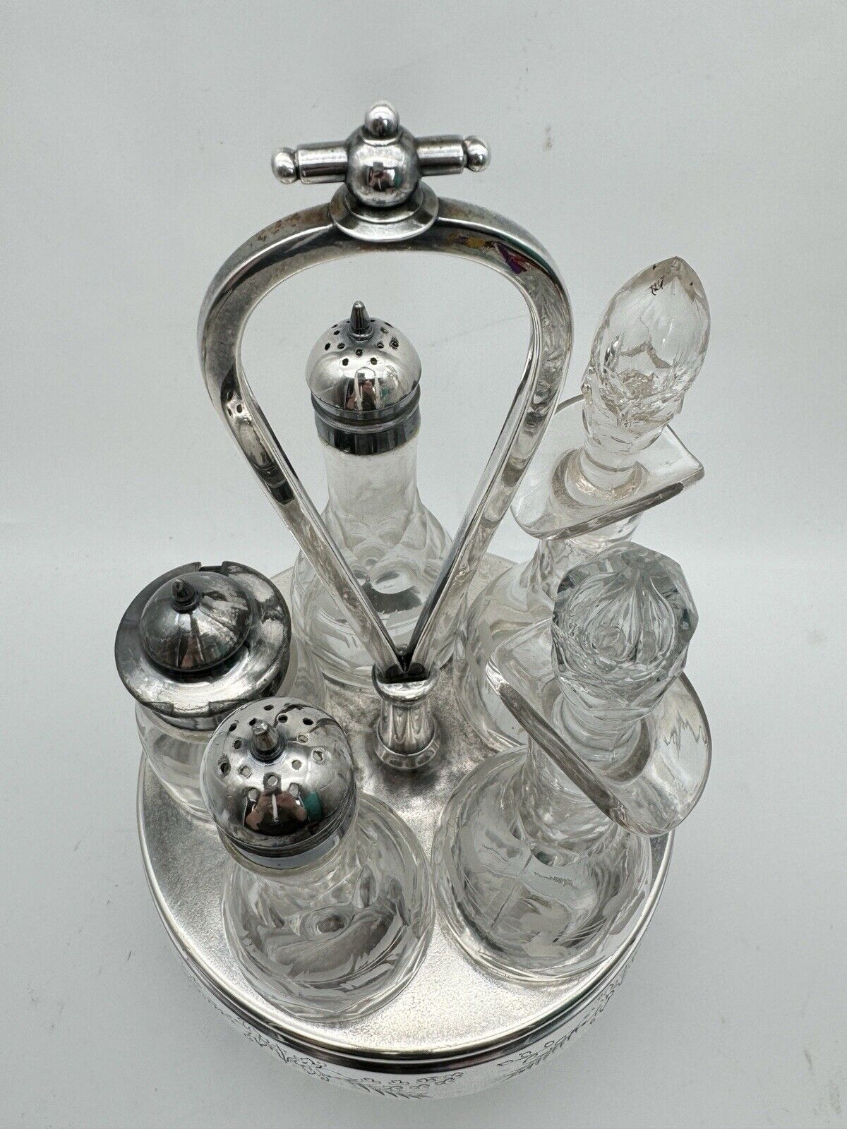 ANTIQUE VICTORIAN 5 Condiment Caddy Cruet Set Silver-plate GLASS BOTTLE ROGERS &