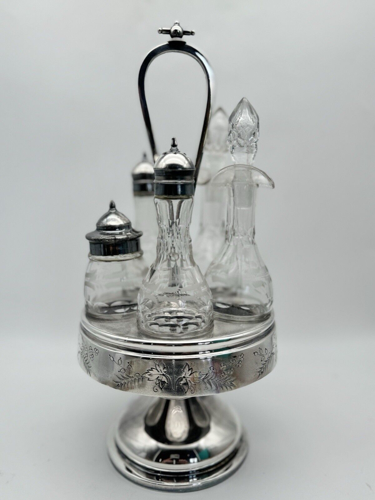 ANTIQUE VICTORIAN 5 Condiment Caddy Cruet Set Silver-plate GLASS BOTTLE ROGERS &