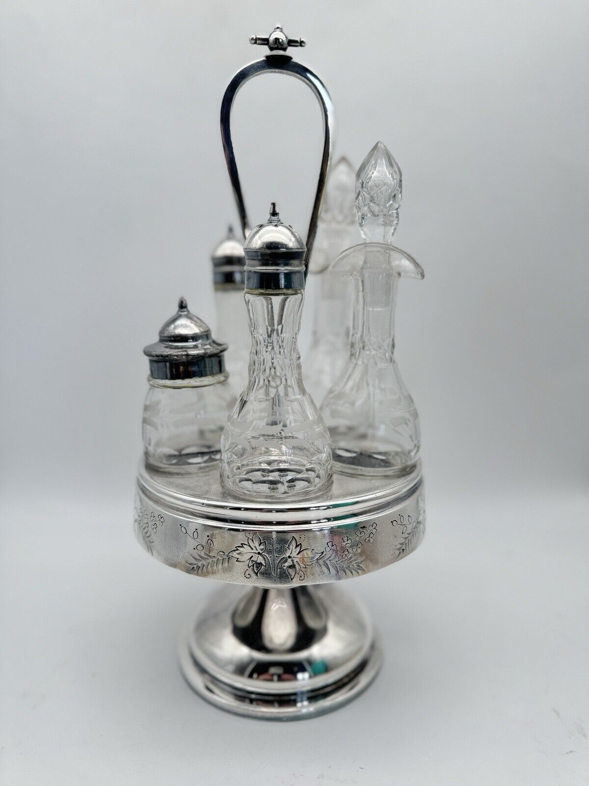 ANTIQUE VICTORIAN 5 Condiment Caddy Cruet Set Silver-plate GLASS BOTTLE ROGERS &