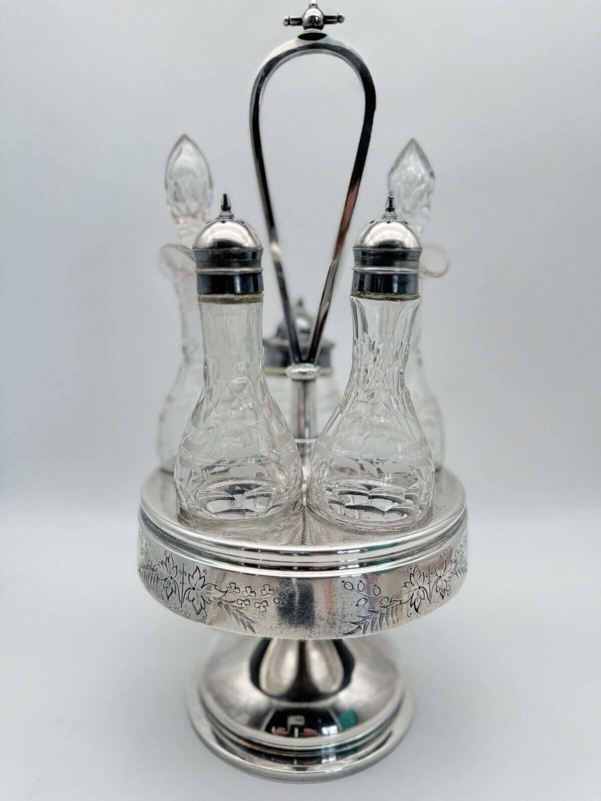 ANTIQUE VICTORIAN 5 Condiment Caddy Cruet Set Silver-plate GLASS BOTTLE ROGERS &