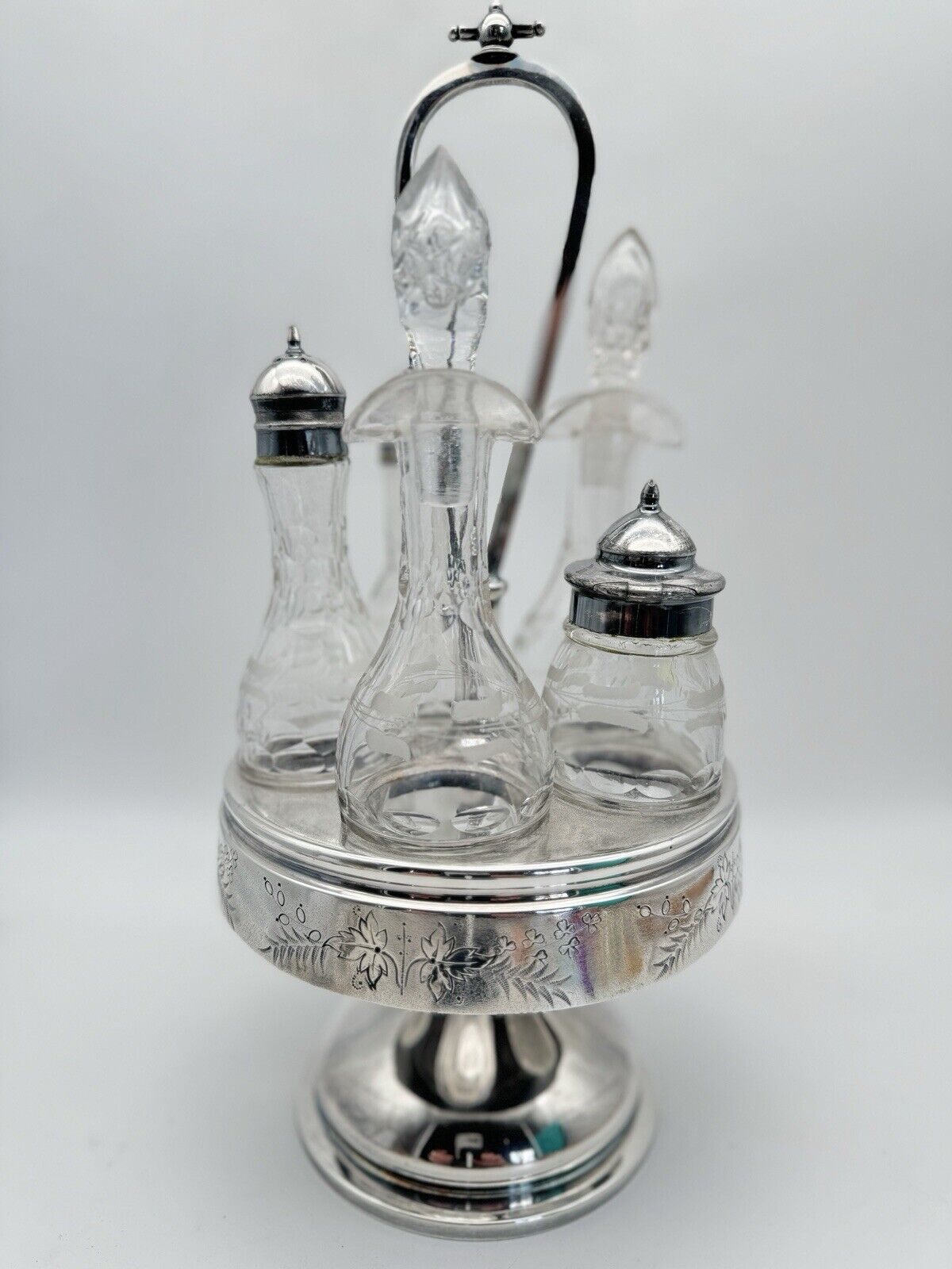 ANTIQUE VICTORIAN 5 Condiment Caddy Cruet Set Silver-plate GLASS BOTTLE ROGERS &