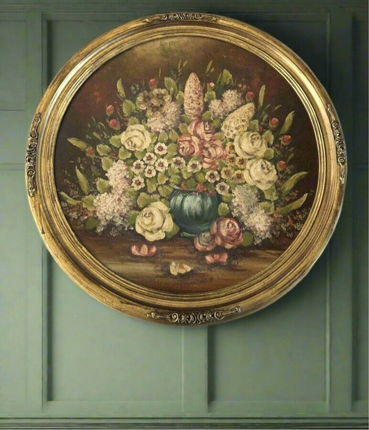 Vintage ROUND Oil Painting Framed ORIGINAL Floral Still Life SIGNED Exquisite Circa 27.5”d