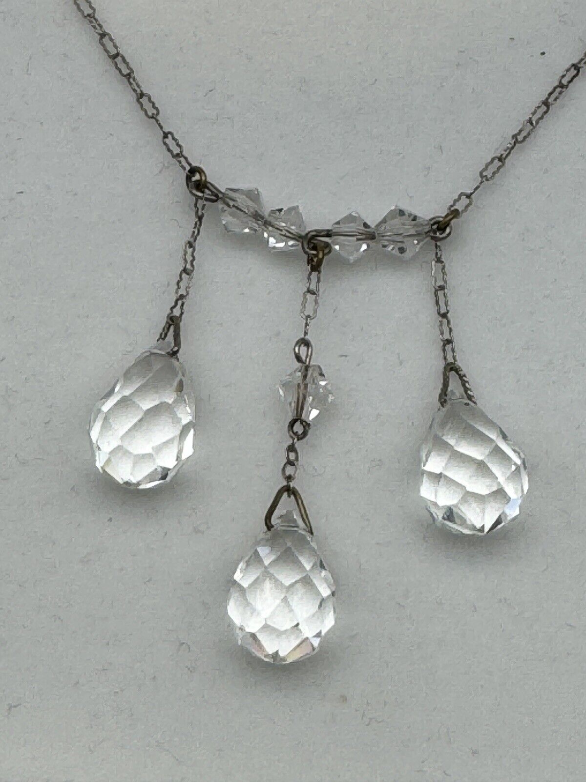 Art Deco Czech Glass 3 Faceted Tear Drop  Dangle Sterling Necklace Circa 16”