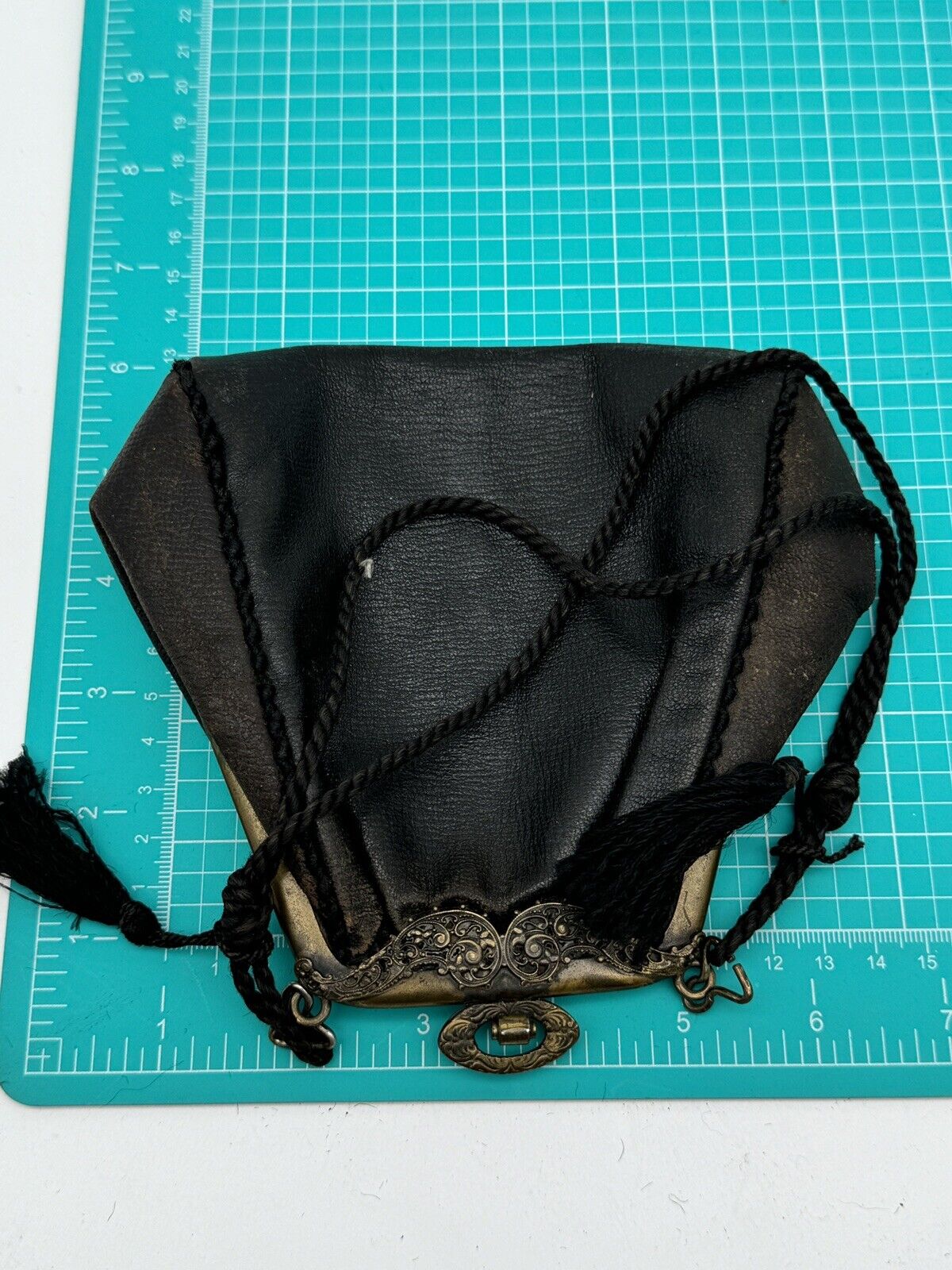 Antique Victorian STYLE Black Brown Leather Purse ESTATE FIND