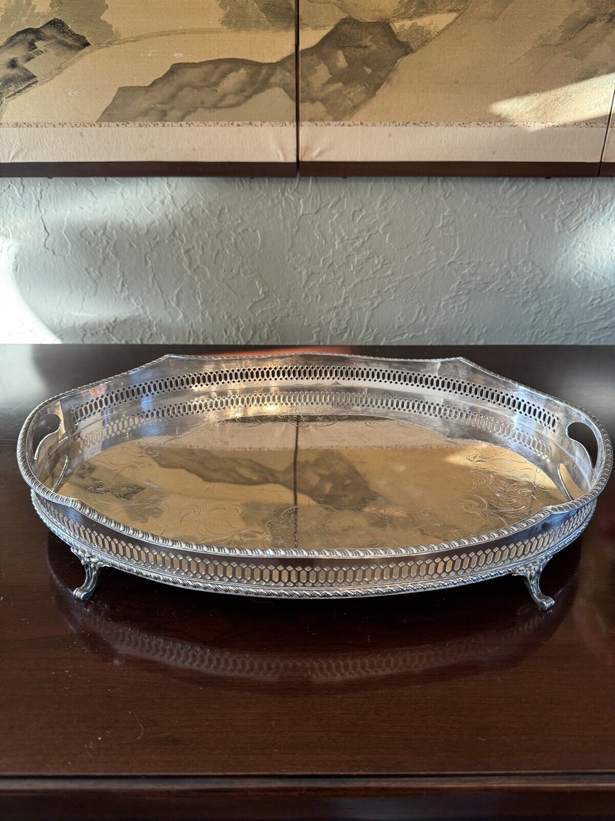 Silverplate Footed Gallery Tray Serpentine Edge Chased by WALLACE