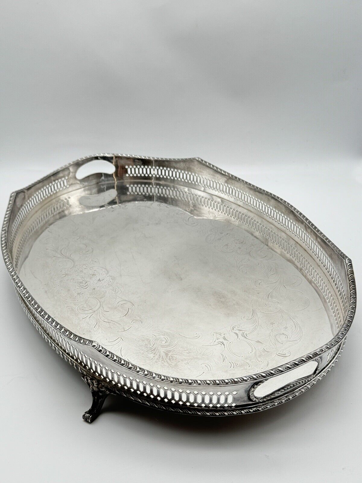 Silverplate Footed Gallery Tray Serpentine Edge Chased by WALLACE