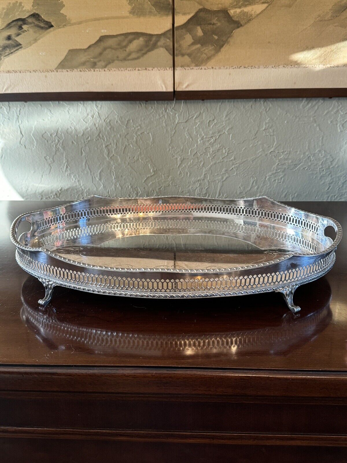 Silverplate Footed Gallery Tray Serpentine Edge Chased by WALLACE