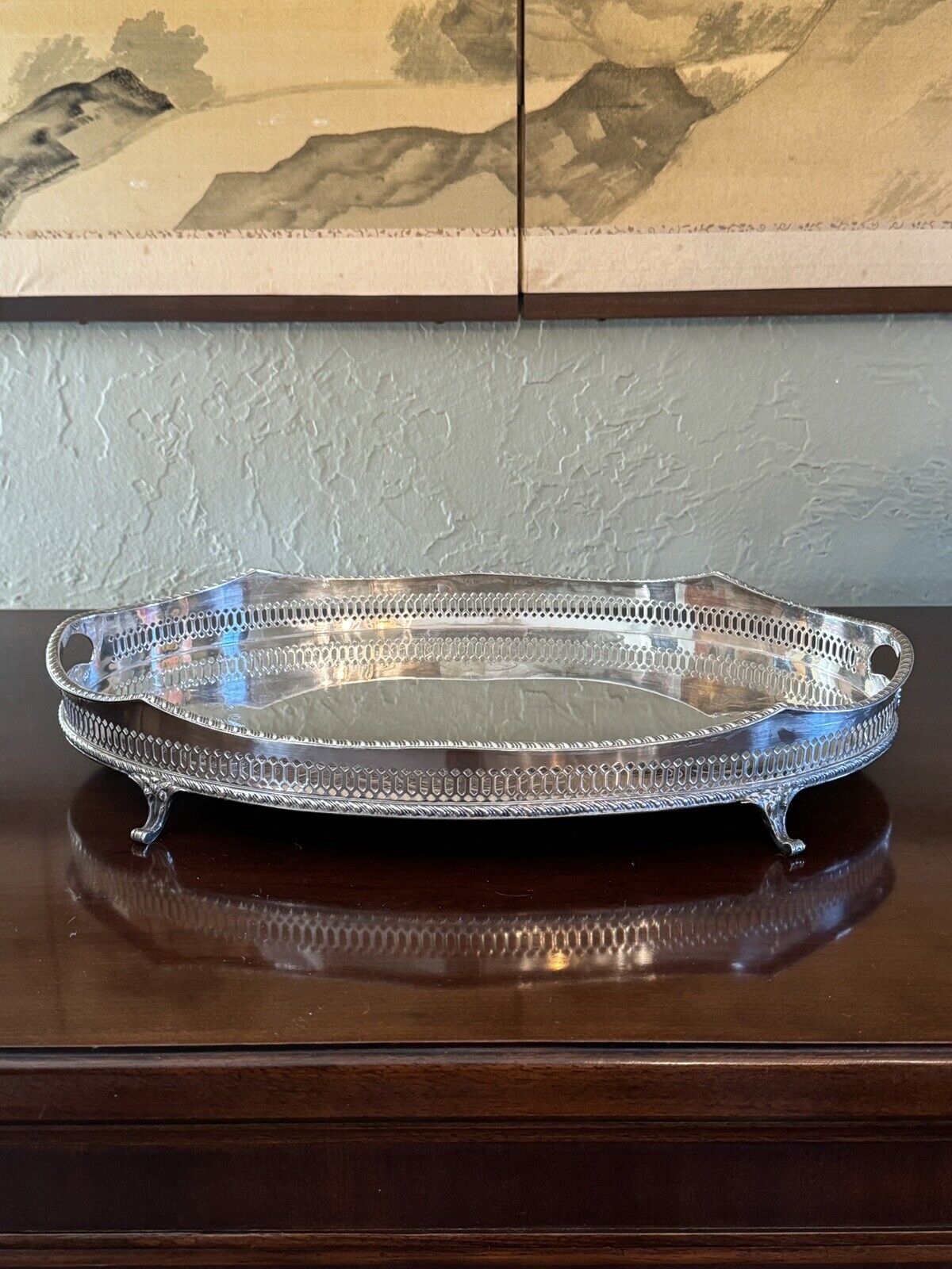 Silverplate Footed Gallery Tray Serpentine Edge Chased by WALLACE