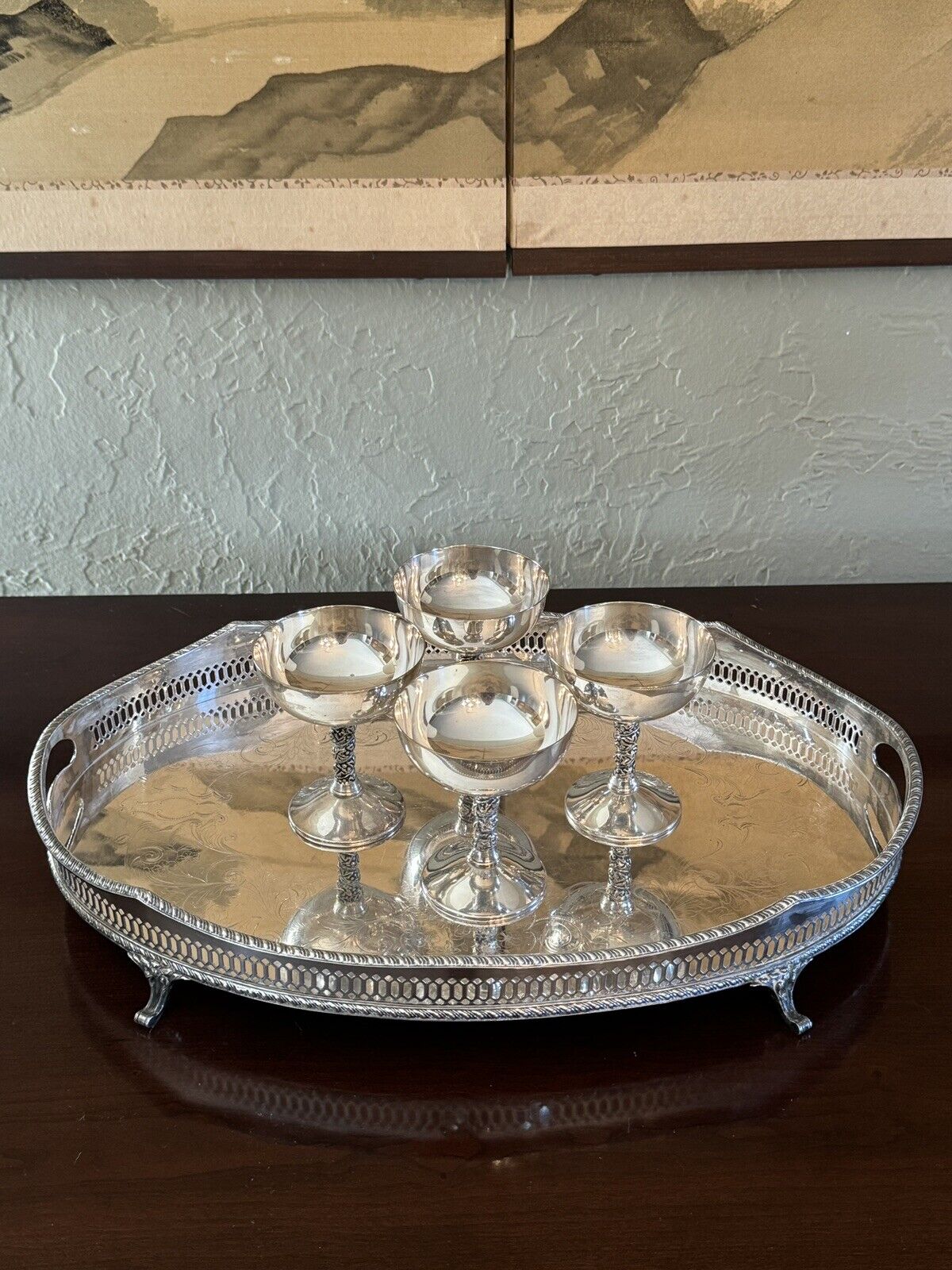 Silverplate Footed Gallery Tray Serpentine Edge Chased by WALLACE