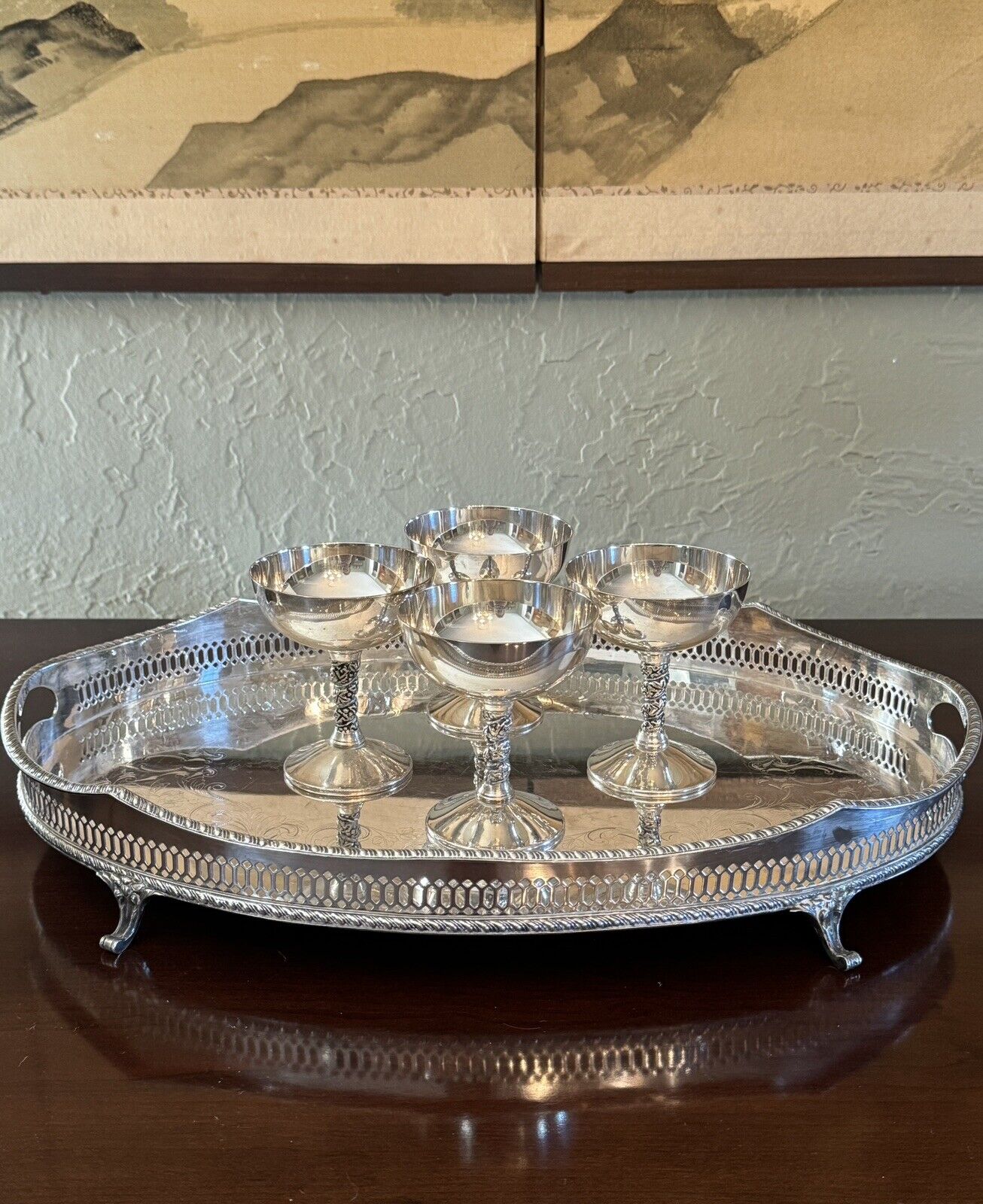 Silverplate Footed Gallery Tray Serpentine Edge Chased by WALLACE