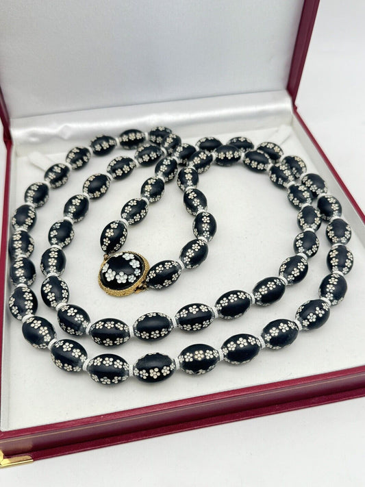 Vintage BLACK Floral Design Bead Necklace 44”l RARE ESTATE FIND