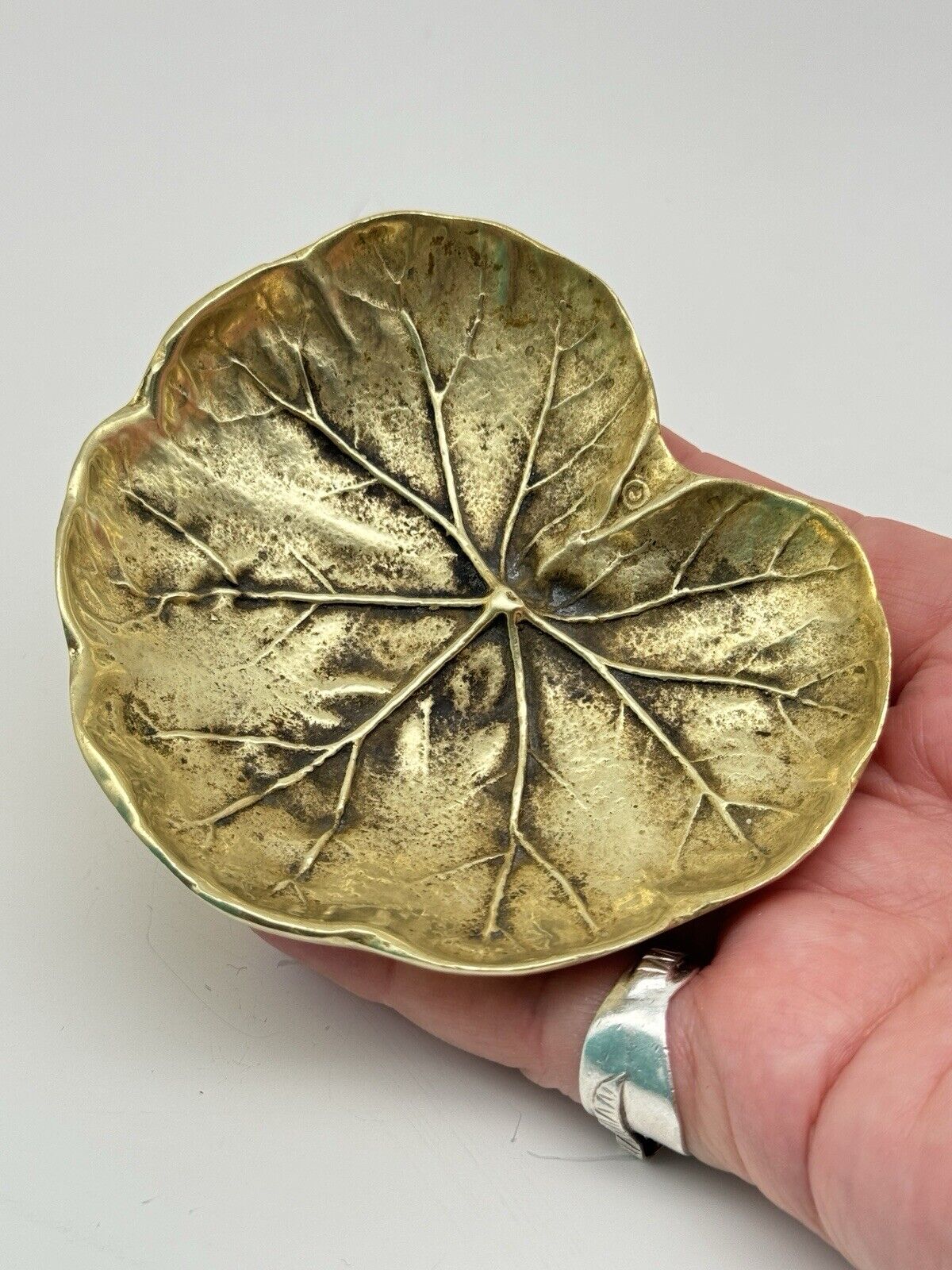 Heavy Solid Brass Geranium Trinket Dish Virginia Metalcrafters Copyright 1948