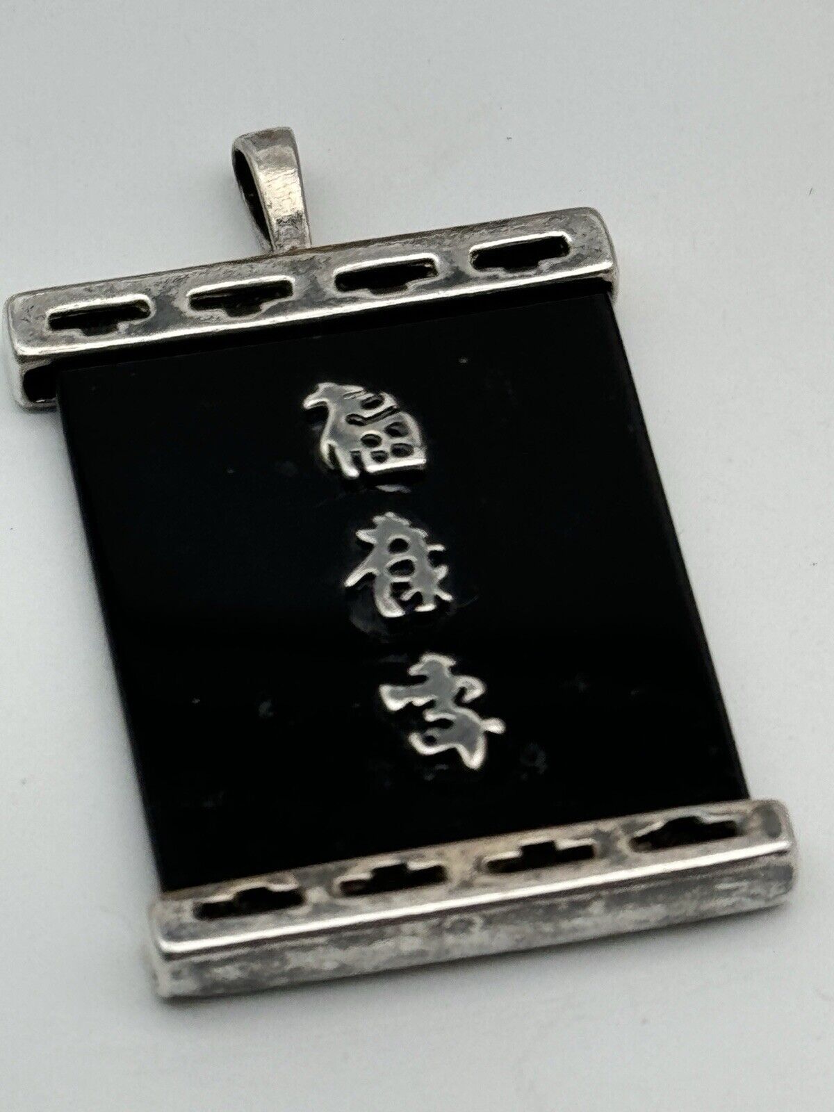 Vintage STERLING Black Onyx with Chinese Characters Pendant Fu Lu Shou 3 Deities ESTATE FIND