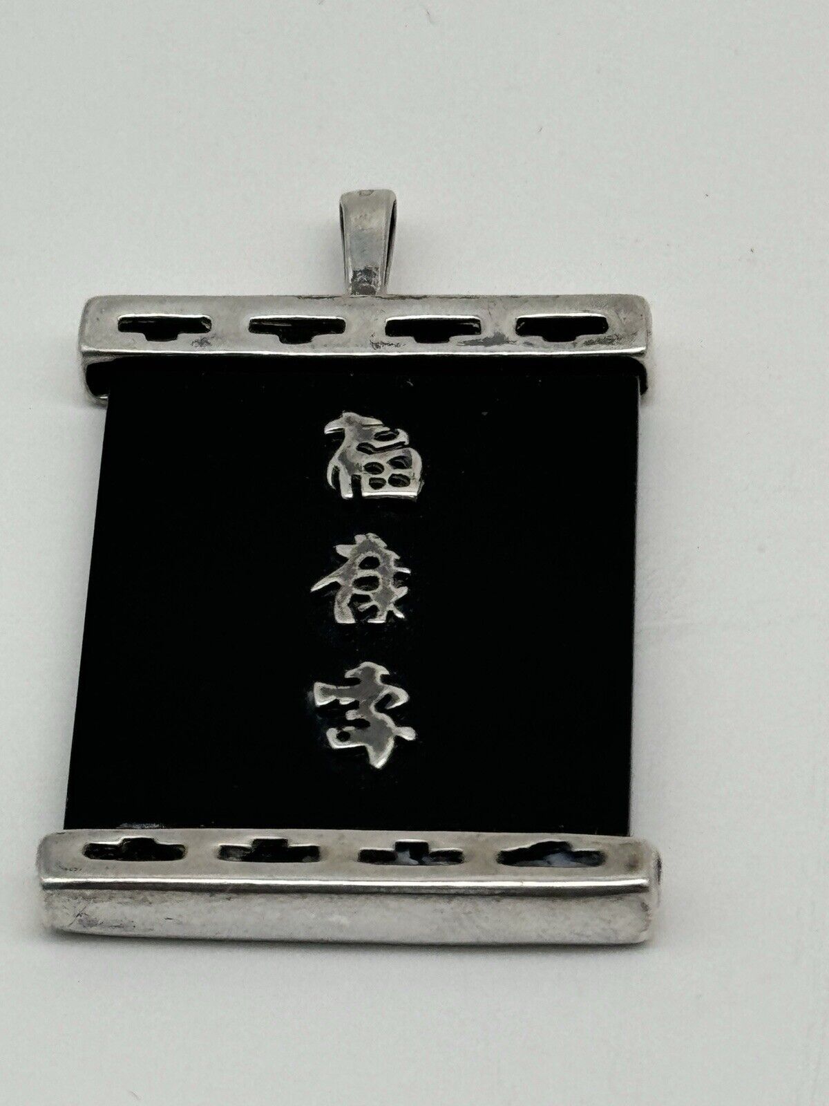 Vintage STERLING Black Onyx with Chinese Characters Pendant Fu Lu Shou 3 Deities ESTATE FIND