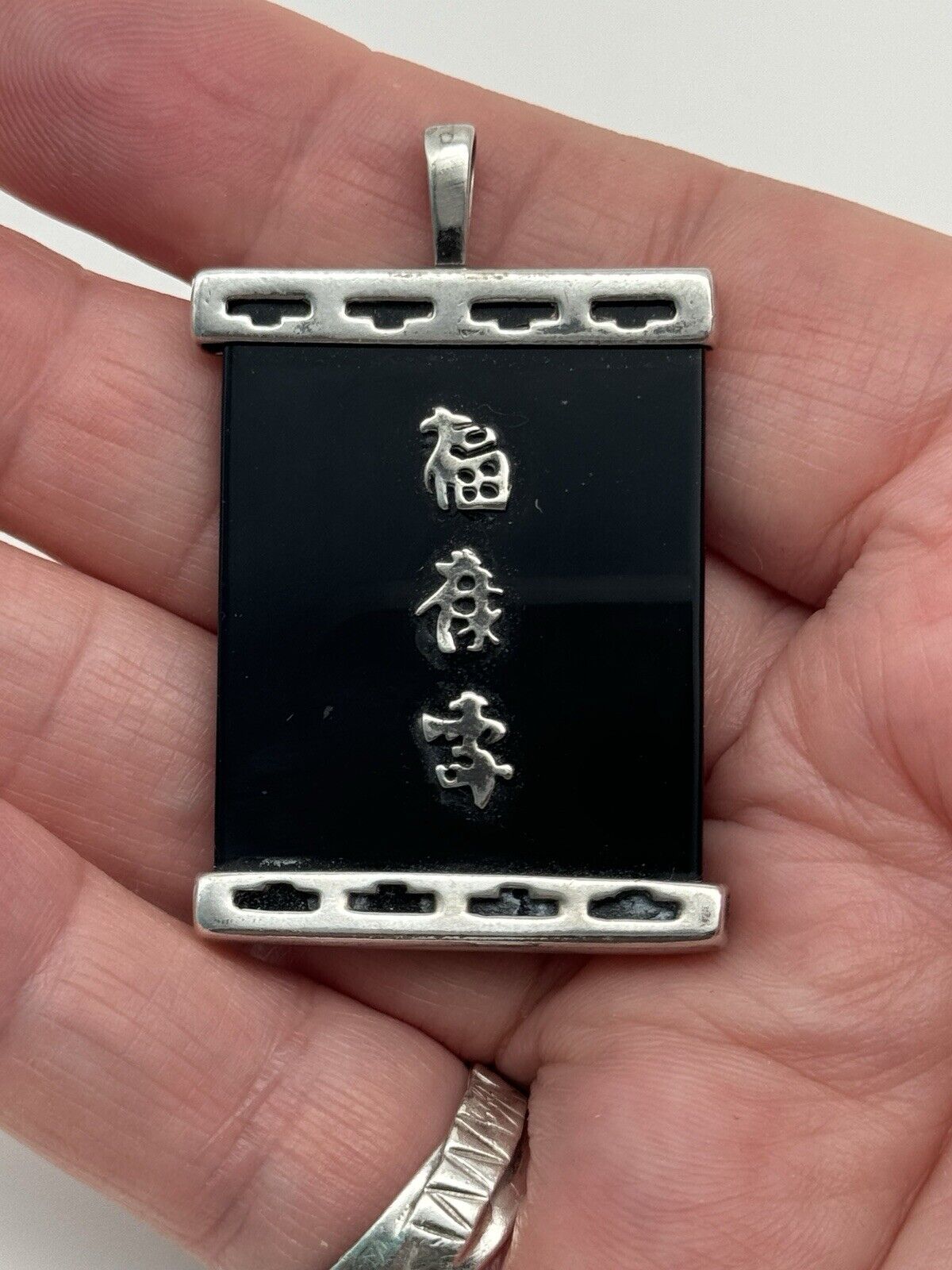 Vintage STERLING Black Onyx with Chinese Characters Pendant Fu Lu Shou 3 Deities ESTATE FIND