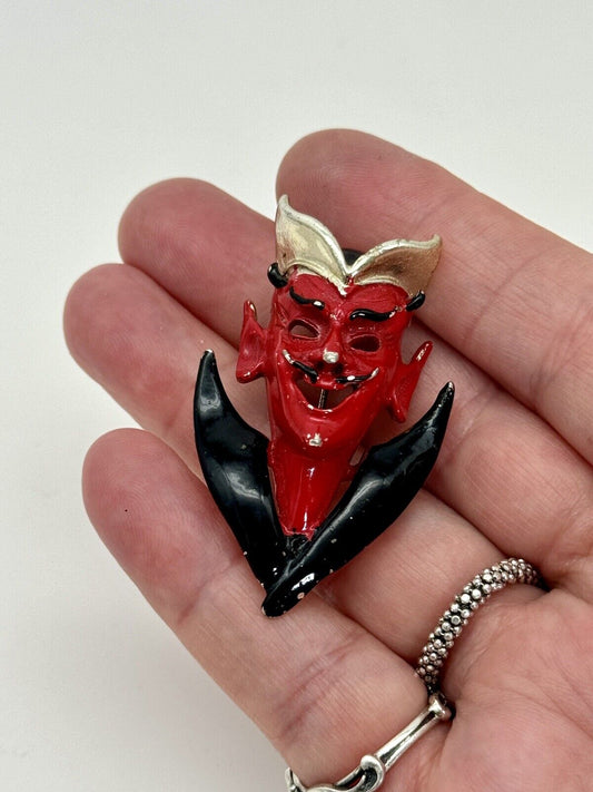 Vintage Devil Mask Brooch Retro Design Enameled