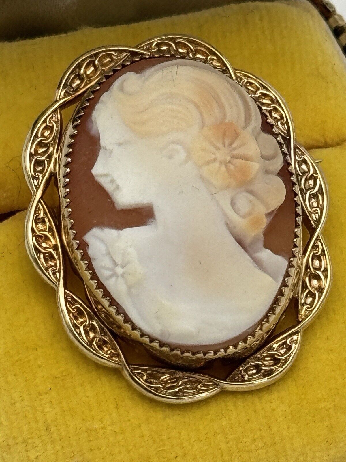 Vintage Left Facing Carved She’ll Cameo Brooch 12kt GF ESTATE FIND