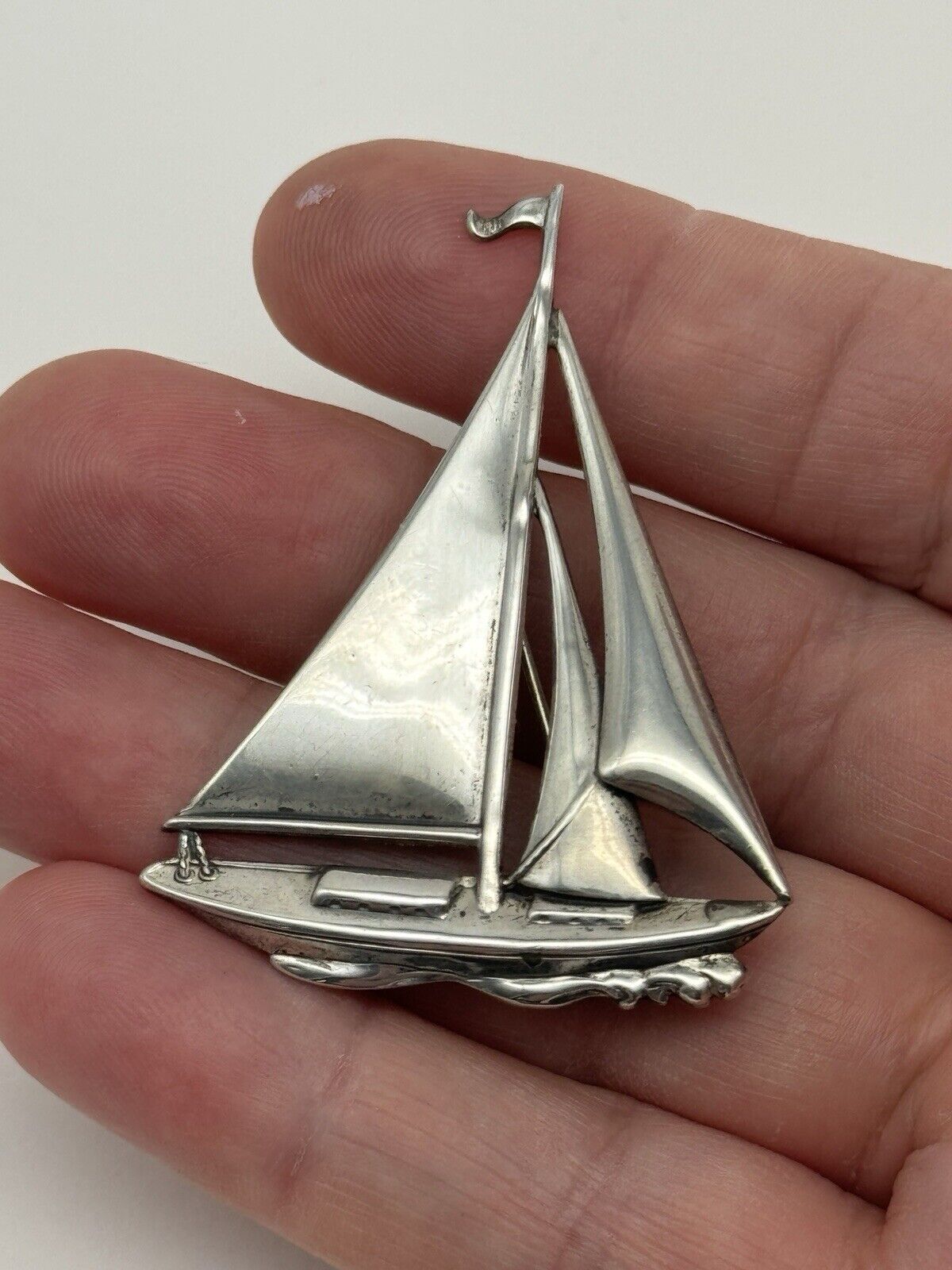 Sterling 925 SAILBOAT Brooch Pin SIGNED LANG Estate Find