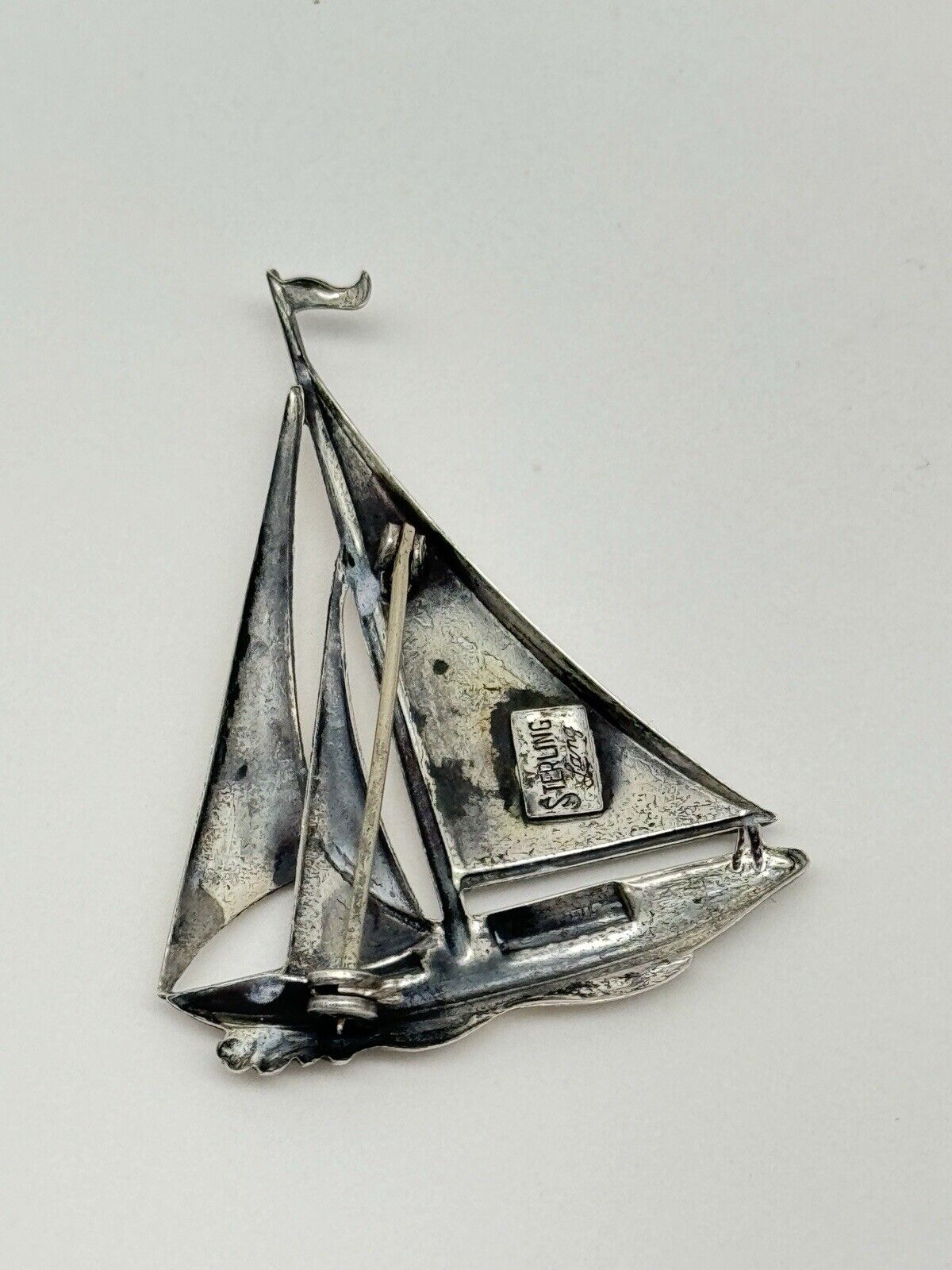 Sterling 925 SAILBOAT Brooch Pin SIGNED LANG Estate Find