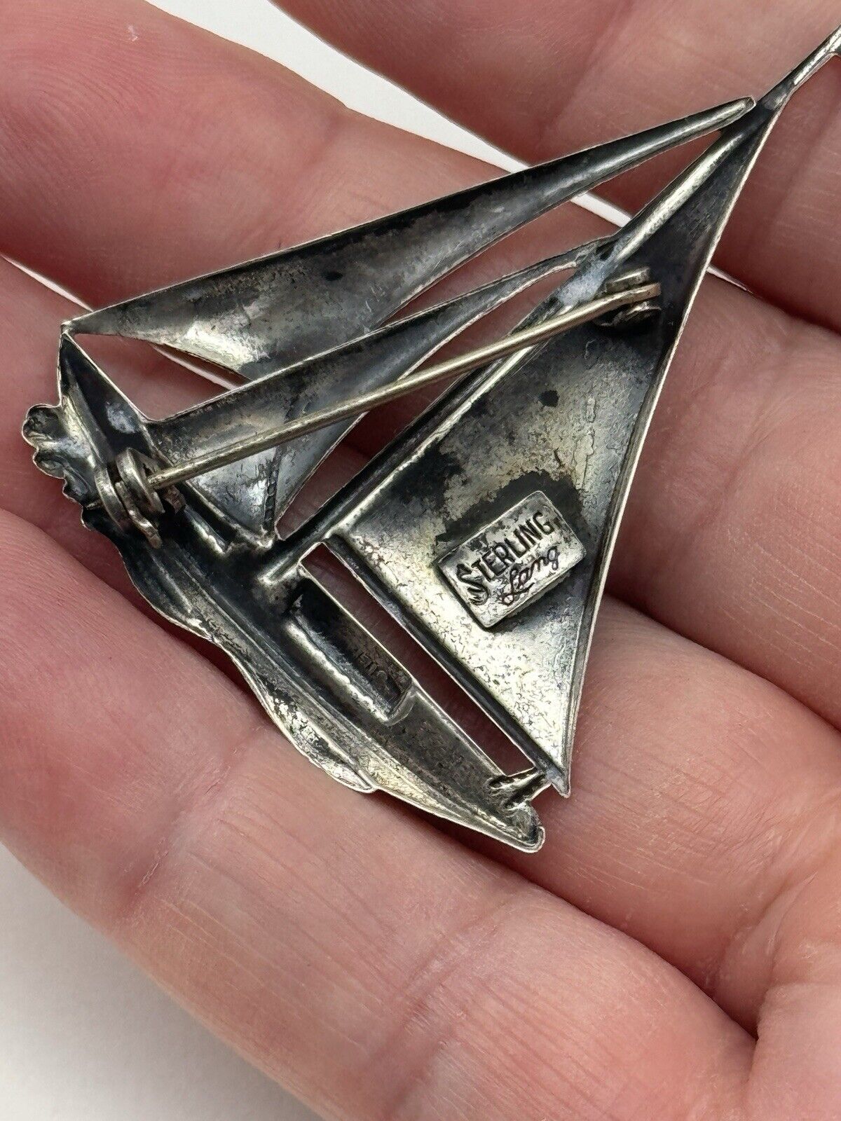 Sterling 925 SAILBOAT Brooch Pin SIGNED LANG Estate Find