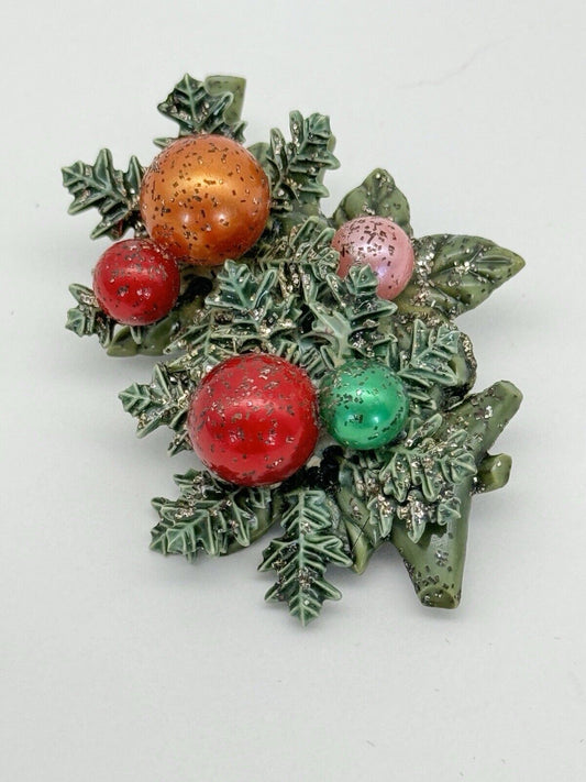 Vintage Celluloid Holiday Brooch Christmas Tree Branch with Baubles ESTATE FIND