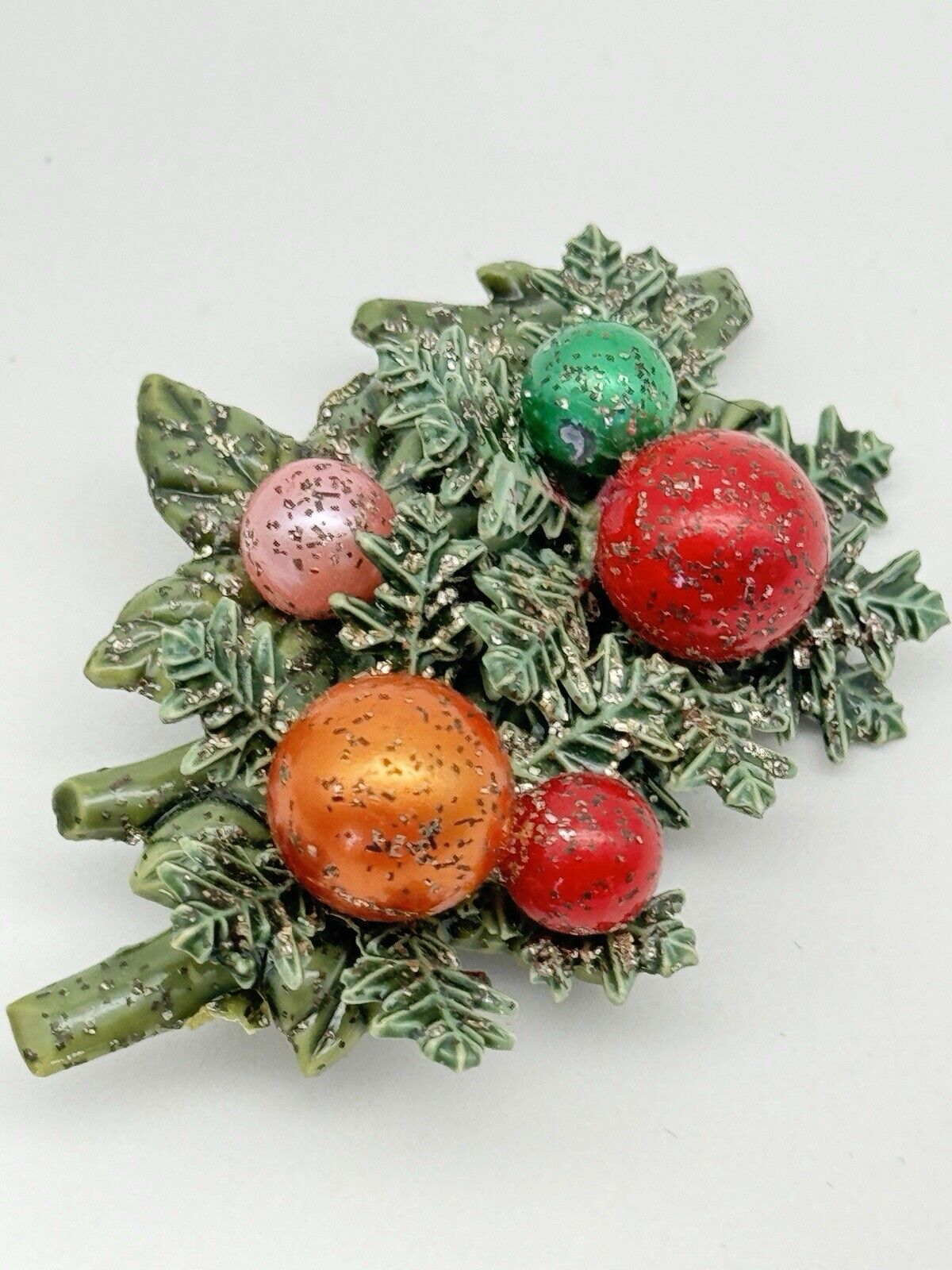 Vintage Celluloid Holiday Brooch Christmas Tree Branch with Baubles ESTATE FIND