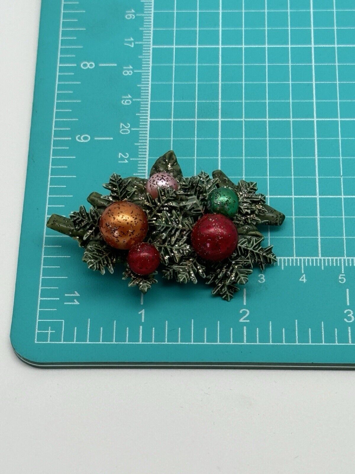 Vintage Celluloid Holiday Brooch Christmas Tree Branch with Baubles ESTATE FIND